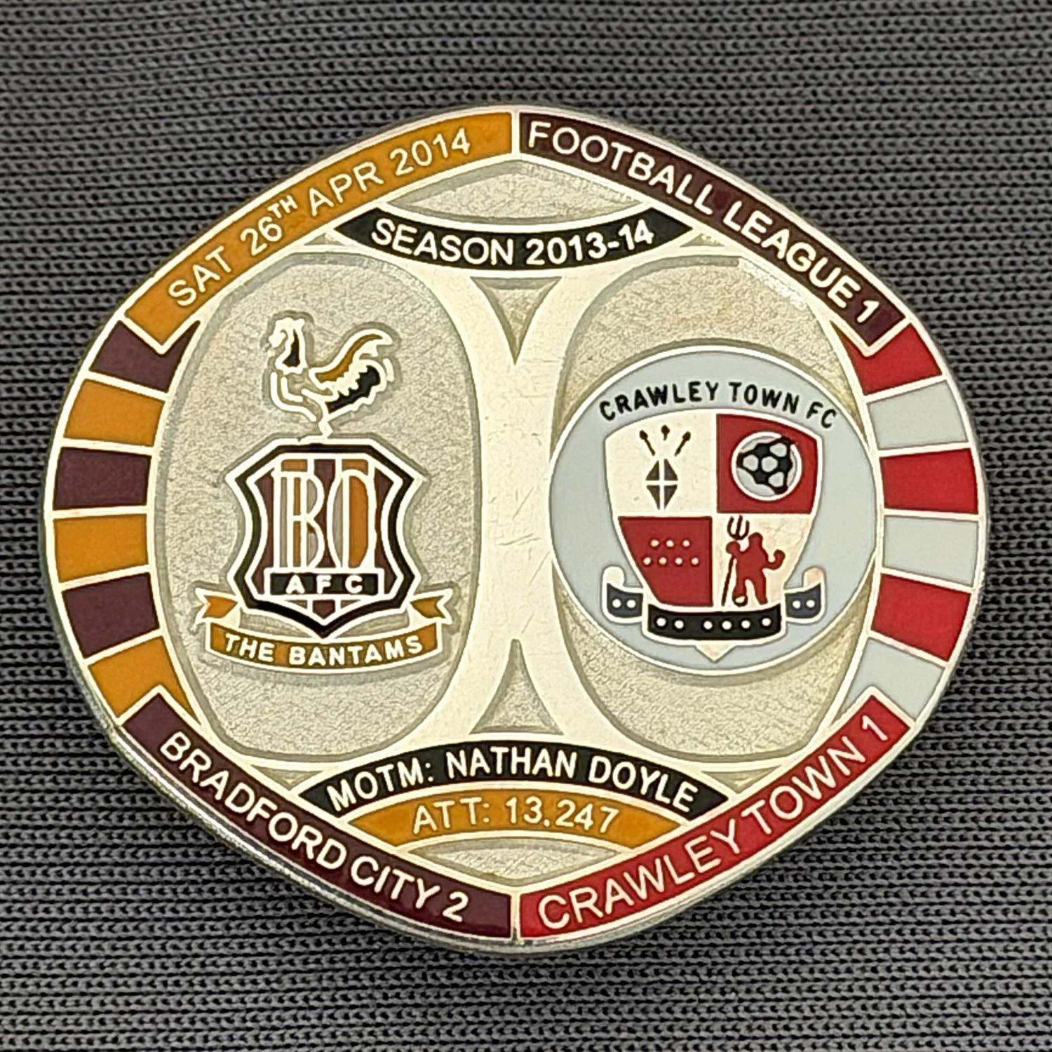 Reference Number: BCFIX230
Size: H 26.3 mm x W 28.9 mm
Pin Type: Brooch Pin
Plating: Silver
Value: £10
Manufacturer: Bradford City Badges
Comments: Bradford City v Crawley Town  2013/14 Limited Edition 10 Badges (Silver Version)
