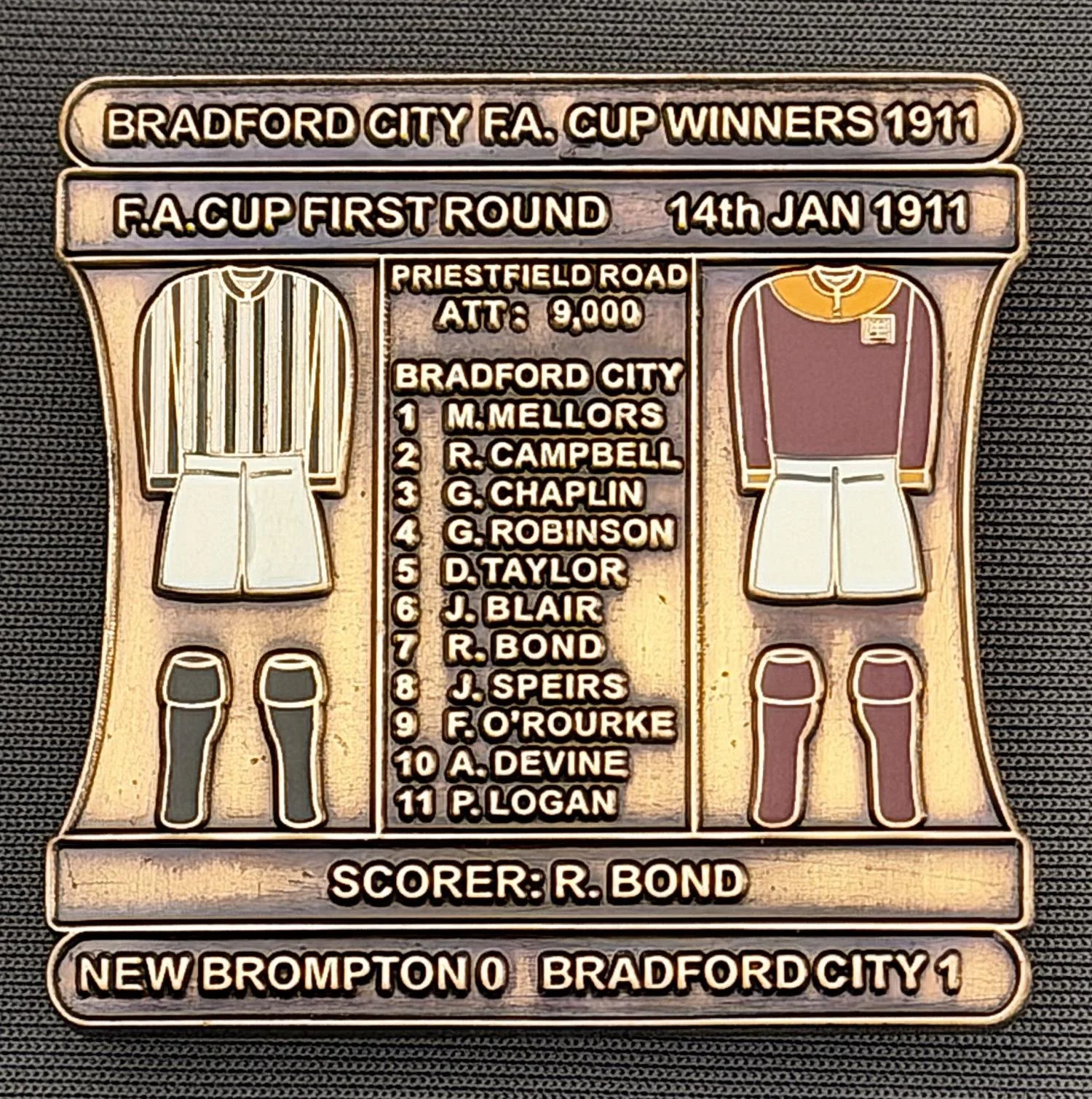 Reference Number: BCFAC010
Size: H 41.8 mm x W 42.2 mm
Pin Type: Double Metal Clutch
Plating: Antique Gold
Value: £15
Manufacturer: Bradford City Badges
Comments: 1911 F.A. Cup First Round Away v New Brompton, Limited Edition of 1
