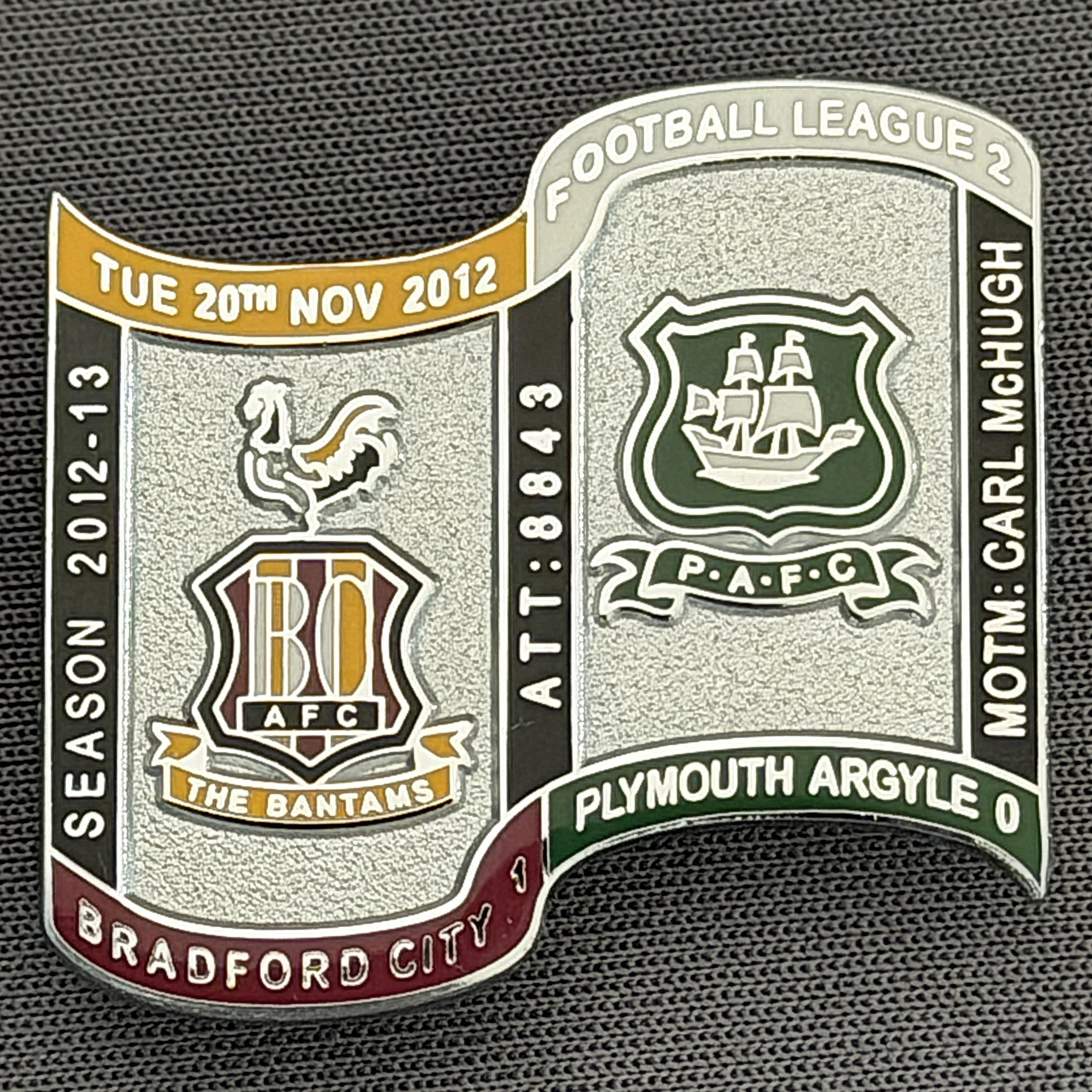 Reference Number: BCFIX148
Size: H 26.9 mm x W 29.2 mm
Pin Type: Brooch Pin
Plating: Chrome
Value: £10
Manufacturer: Bradford City Badges
Comments: Bradford City v  Plymouth Argyle  2012/13 Limited Edition 10 Badges (Silver Version)