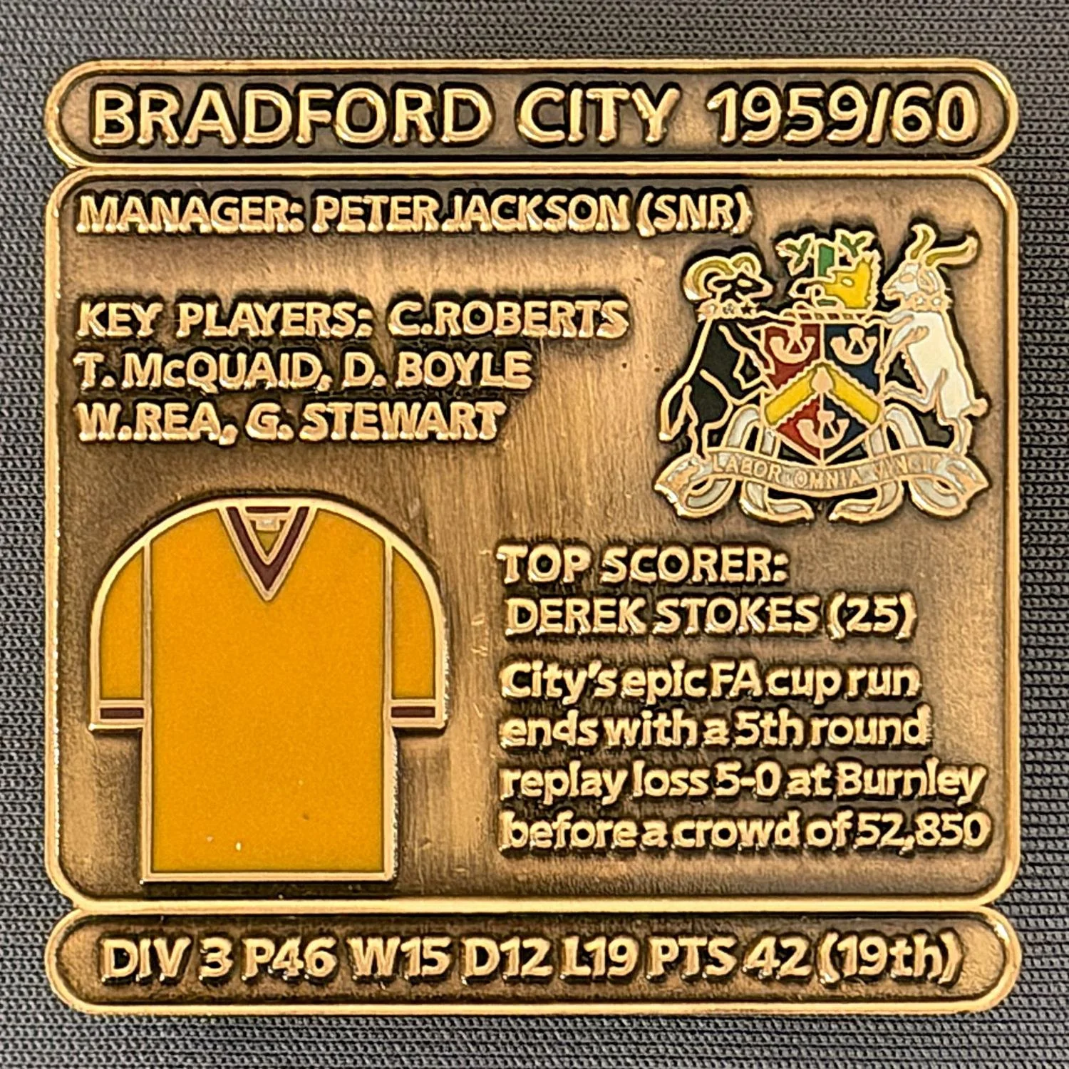 Reference Number: BCDEC106
Size: H 41.1 mm x W 42 mm
Pin Type: Double Metal Clutch
Plating: Antique Gold
Value: £8
Manufacturer: Historic Sports Badges Ltd
Comments: 1959/60 Season