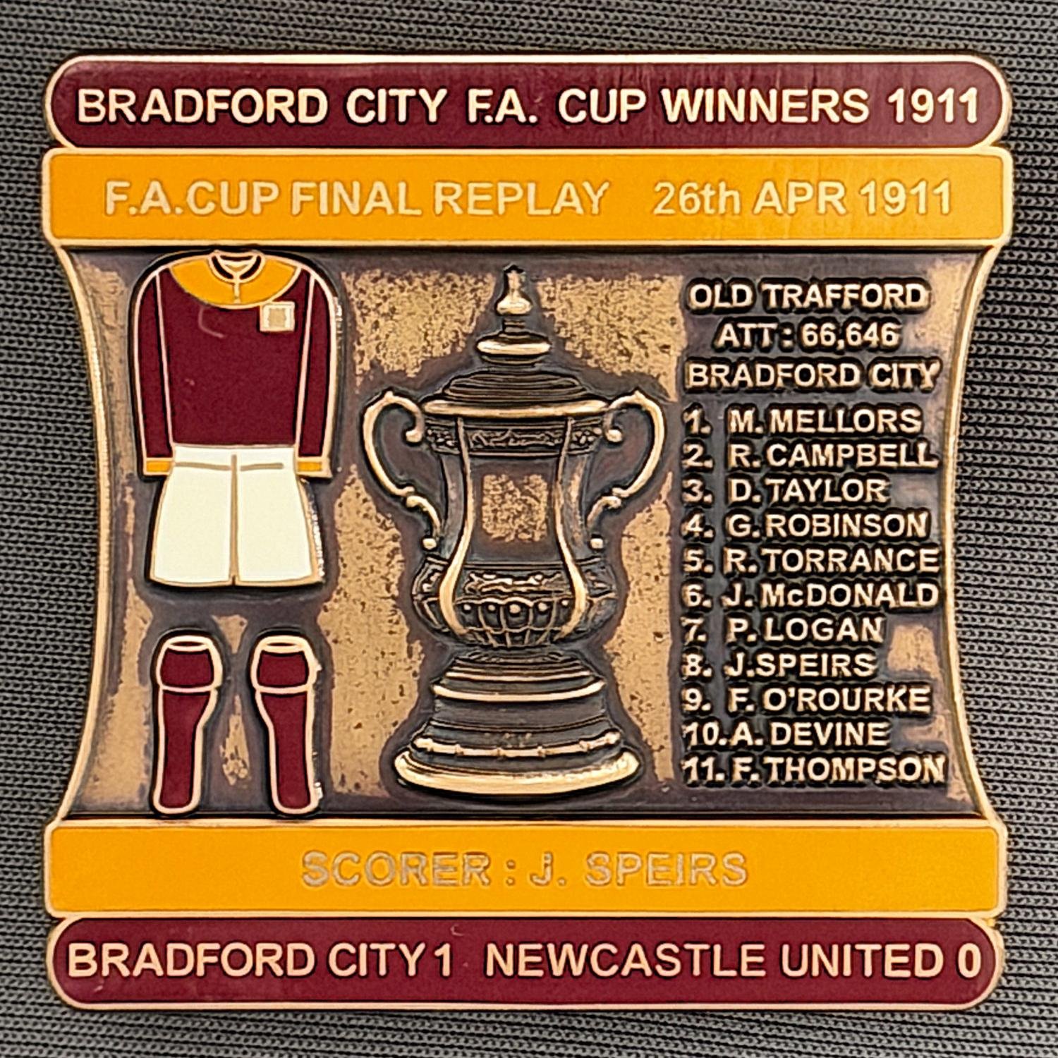Reference Number: BCFAC023
Size: H 41.8 mm x W 42.2 mm
Pin Type: Double Metal Clutch
Plating: Antique Silver
Value: £12
Manufacturer: Bradford City Badges
Comments: 1911 F.A. Cup Final Replay v Newcastle United, Claret & Amber Enamel, Limited Edition