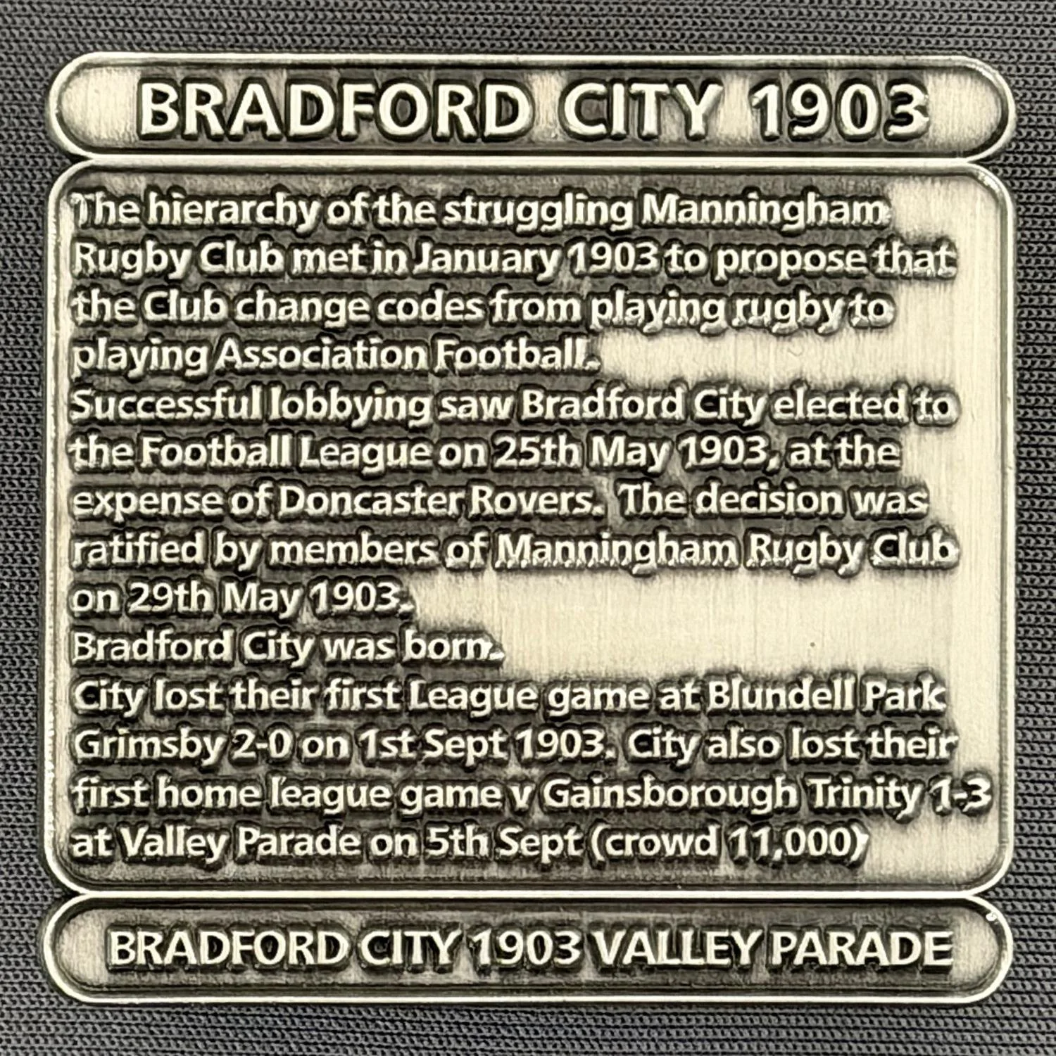 Reference Number: BCDEC009
Size: H 41.1 mm x W 42 mm
Pin Type: Double Metal Clutch
Plating: Antique silver
Value: £8
Manufacturer: Historic Sports Badges Ltd
Comments: 1903 Club Formation 