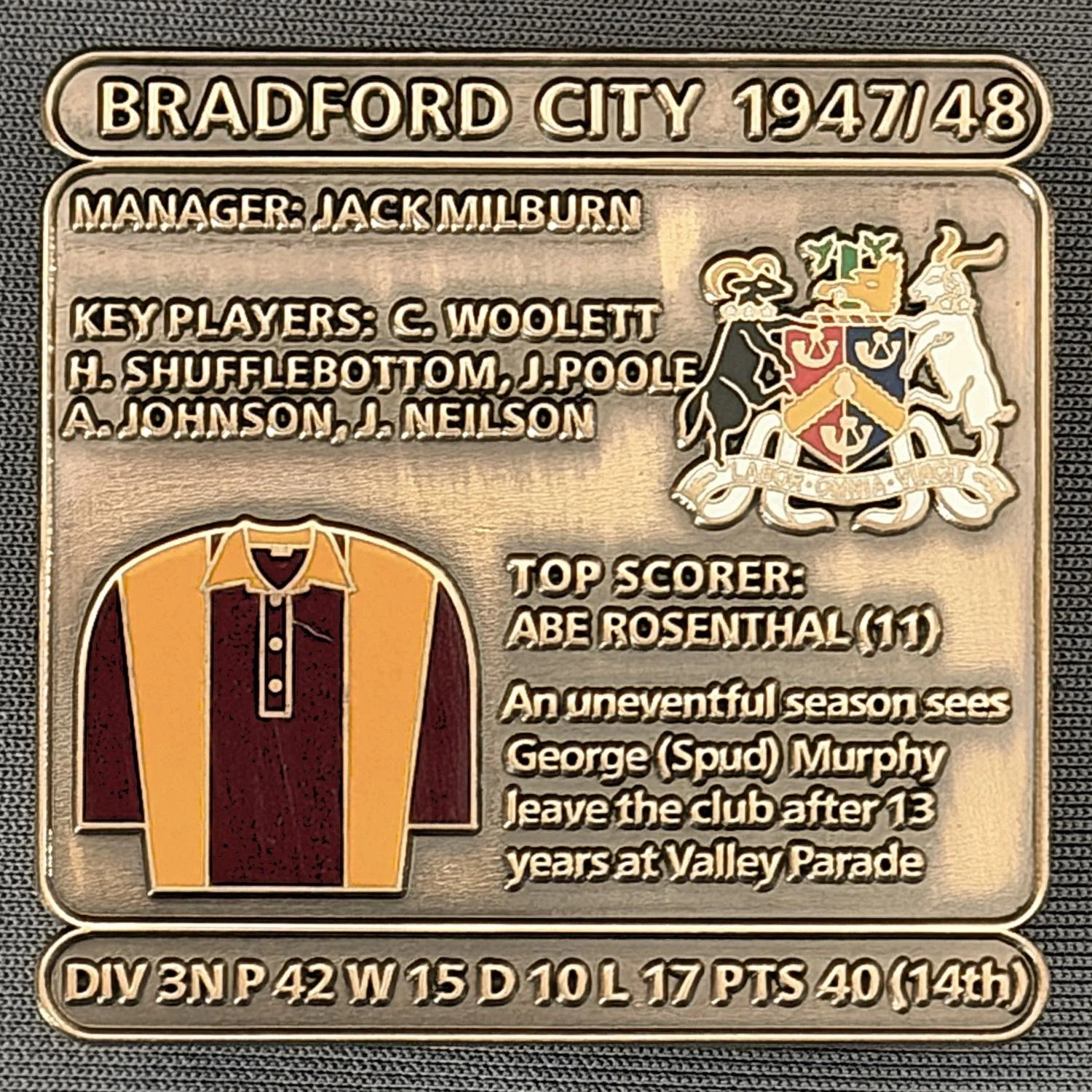 Reference Number: BCDEC084
Size: H 41.1 mm x W 42 mm
Pin Type: Double Metal Clutch
Plating: Antique Gold
Value: £8
Manufacturer: Historic Sports Badges Ltd
Comments: 1947/48 Season