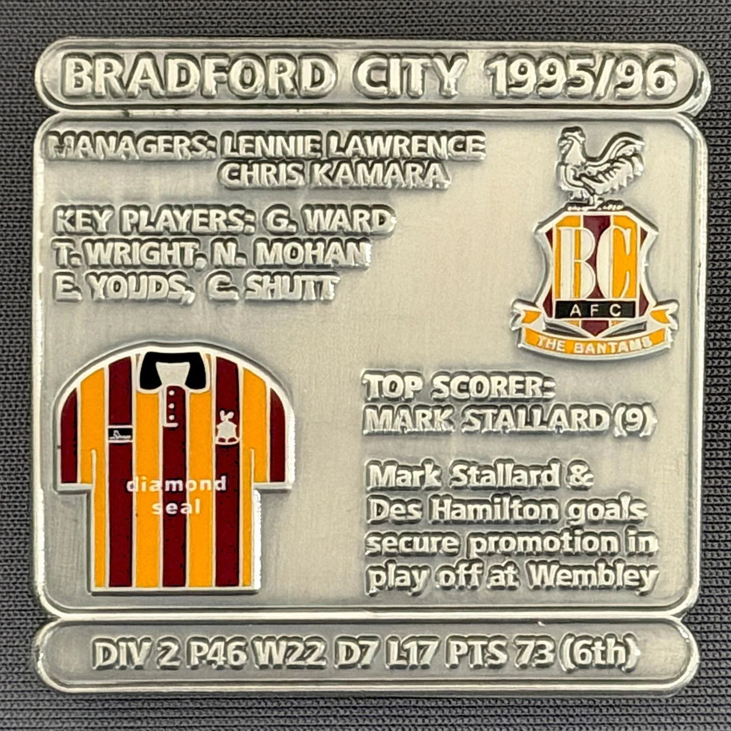 Reference Number: BCDEC192
Size: H 41.1 mm x W 42 mm
Pin Type: Double Metal Clutch
Plating: Antique Silver
Value: £8
Manufacturer: Historic Sports Badges Ltd
Comments: 1995/96 Promotion Season at Wembley