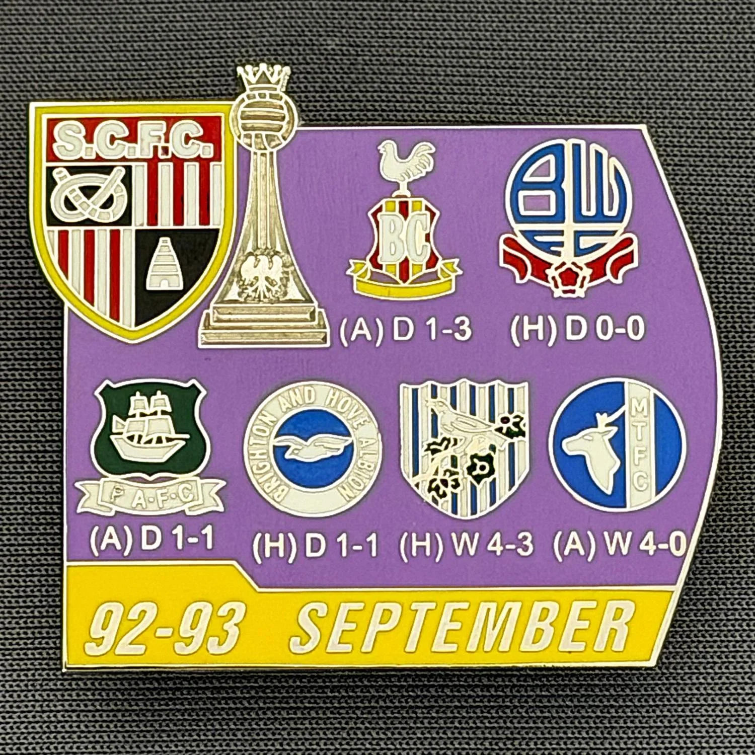 Reference Number: BCOFIX124
Size: H 33.8 mm x W 38 mm
Pin Type: Double Metal Clutch
Plating: Silver
Value: £5
Manufacturer: Unknown
Comments: Stoke City v Bradford City & Others 1992, Purple Version 