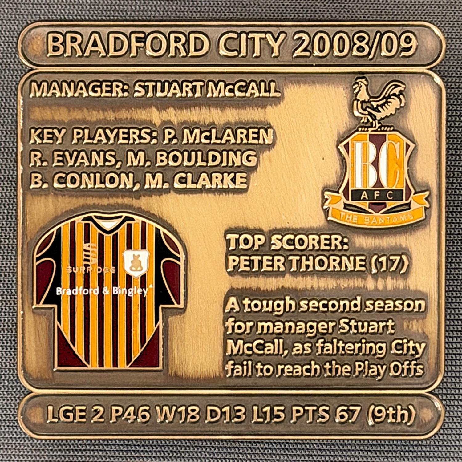 Reference Number: BCDEC205
Size: H 41.1 mm x W 42 mm
Pin Type: Double Metal Clutch
Plating: Antique Gold
Value: £8
Manufacturer: Historic Sports Badges Ltd
Comments: 2008/09 Season