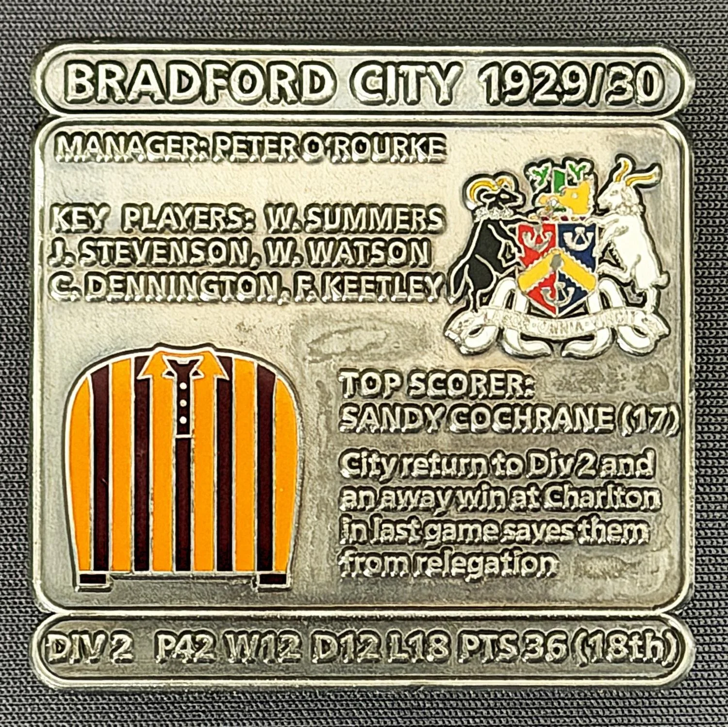 Reference Number: BCDEC056
Size: H 41.1 mm x W 42 mm
Pin Type: Double Metal Clutch
Plating: Antique Silver
Value: £8
Manufacturer: Historic Sports Badges Ltd
Comments: 1929/30 Season