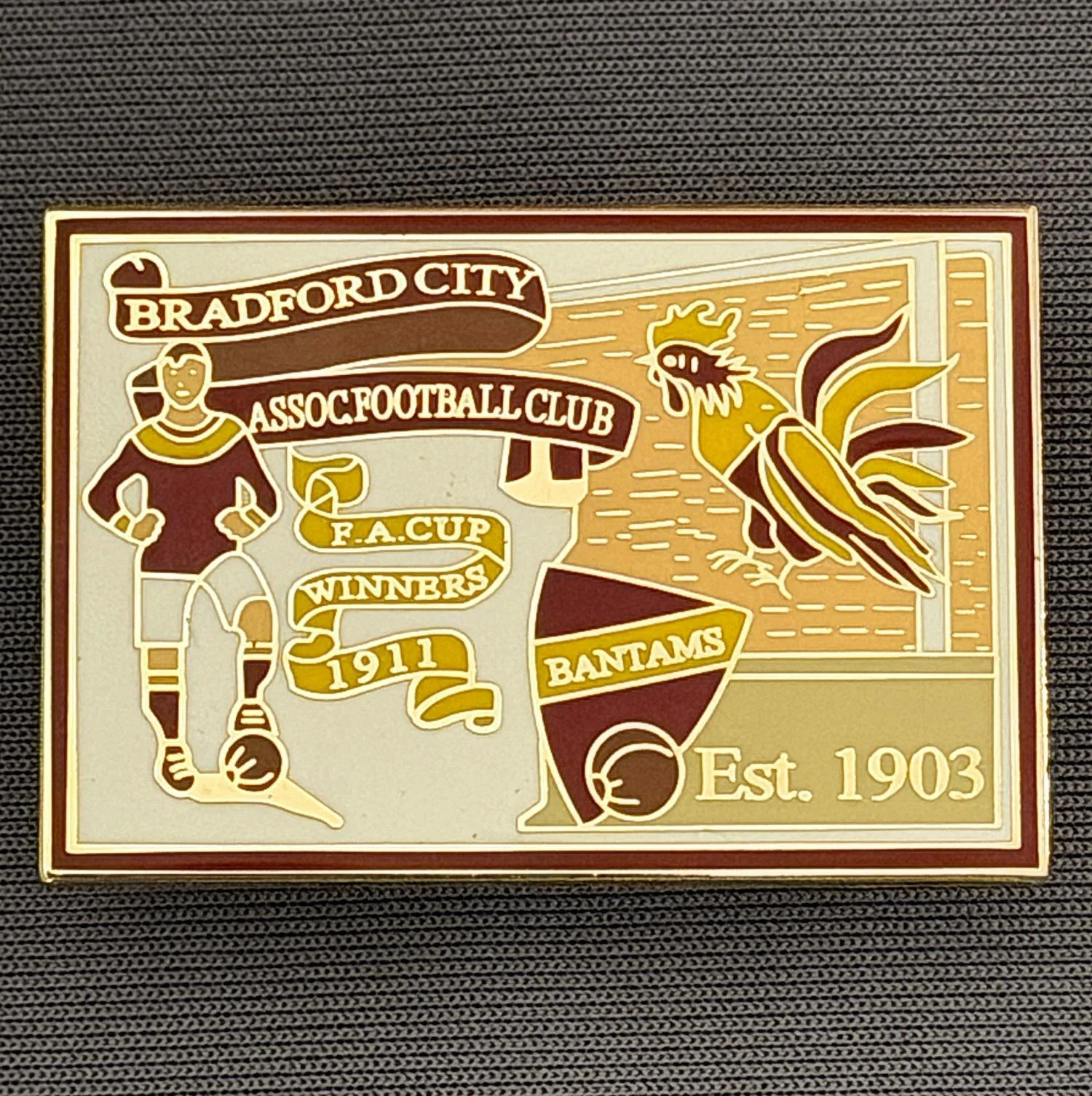 Reference Number: BCFAC028
Size: H 26.4 mm x W 38.4 mm
Pin Type: Double Metal Clutch
Plating: Gold
Value: £6
Manufacturer: Unknown
Comments: Bradford City Cup Winners 1911, White, Claret & Amber Version