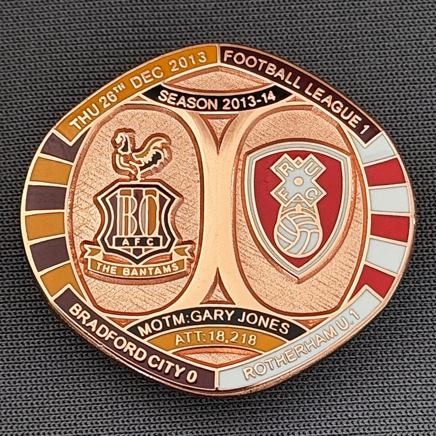 Reference Number: BCFIX241
Size: H 26.3 mm x W 28.9 mm
Pin Type: Brooch Pin
Plating: Copper
Value: £12
Manufacturer: Bradford City Badges
Comments: Bradford City v Rotherham United 2013/14, Limited Edition of 1 Badge (Copper Version)