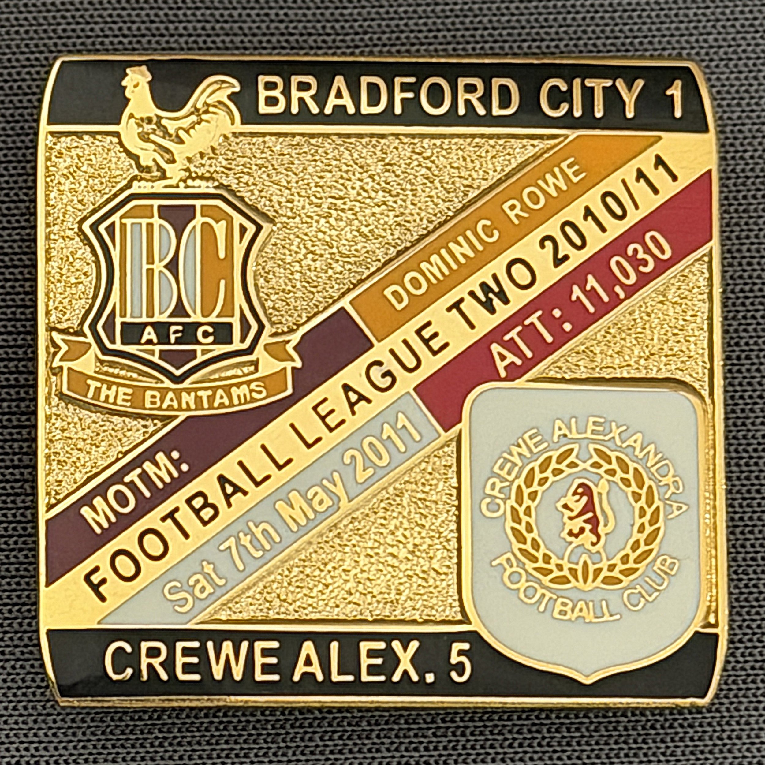 Reference Number: BCFIX069
Size: H 28.3 mm x W 29.3 mm
Pin Type: Brooch Pin
Plating: Gold
Value: £8
Manufacturer: Bradford City Badges
Comments: Bradford City v Crewe Alexandra  2010/11 Limited Edition 100 Badges