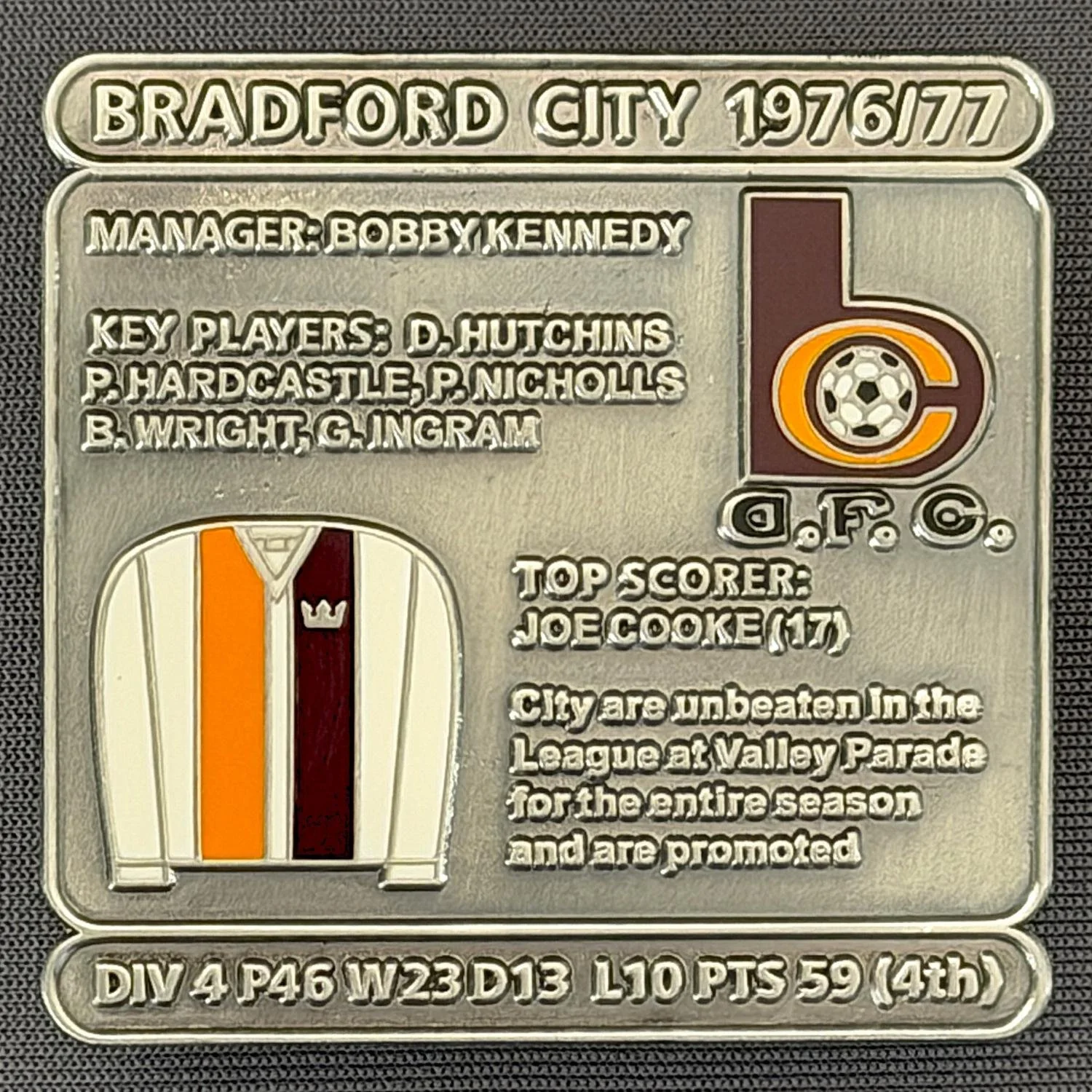 Reference Number: BCDEC153
Size: H 41.1 mm x W 42 mm
Pin Type: Double Metal Clutch
Plating: Antique Silver
Value: £8
Manufacturer: Historic Sports Badges Ltd
Comments: 1976/77 Season
