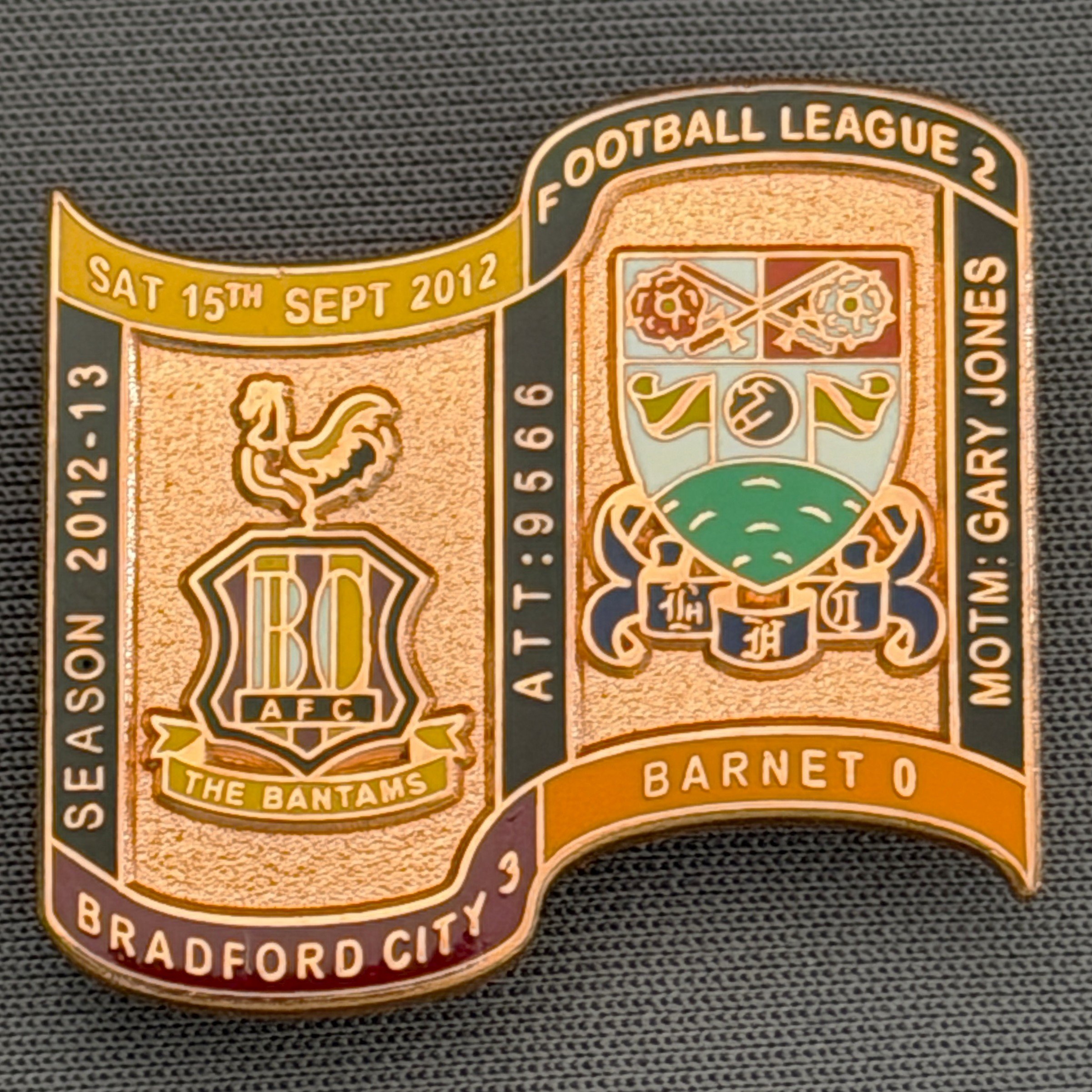 Reference Number: BCFIX164
Size: H 26.9 mm x W 29.2 mm
Pin Type: Brooch Pin
Plating: Copper
Value: £12
Manufacturer: Bradford City Badges
Comments: Bradford City v Barnet  2012/13 Limited Edition 1 Badge (Copper Version)