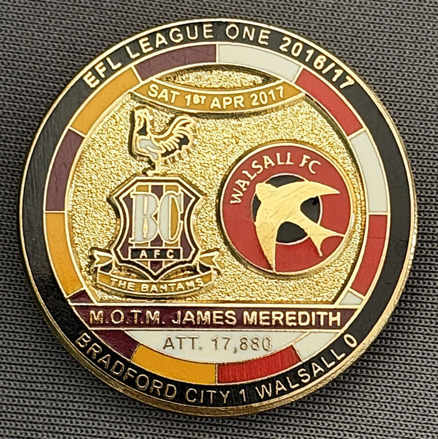 Reference Number: BCFIX389
Size: D 29.4 mm
Pin Type: Brooch Pin
Plating: Gold
Value: £8
Manufacturer: Bradford City Badges
Comments: Bradford City v Walsall 2015/16, Limited Edition of 50 Badges (Gold Version)