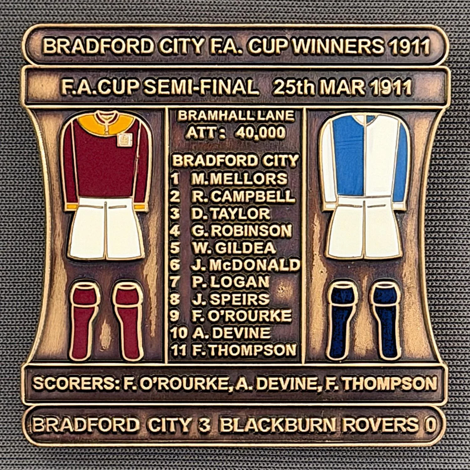 Reference Number: BCFAC014
Size: H 41.8 mm x W 42.2 mm
Pin Type: Double Metal Clutch
Plating: Antique Gold
Value: £15
Manufacturer: Bradford City Badges
Comments: 1911 F.A. Cup Semi Final v Blackburn Rovers, Limited Edition of 1