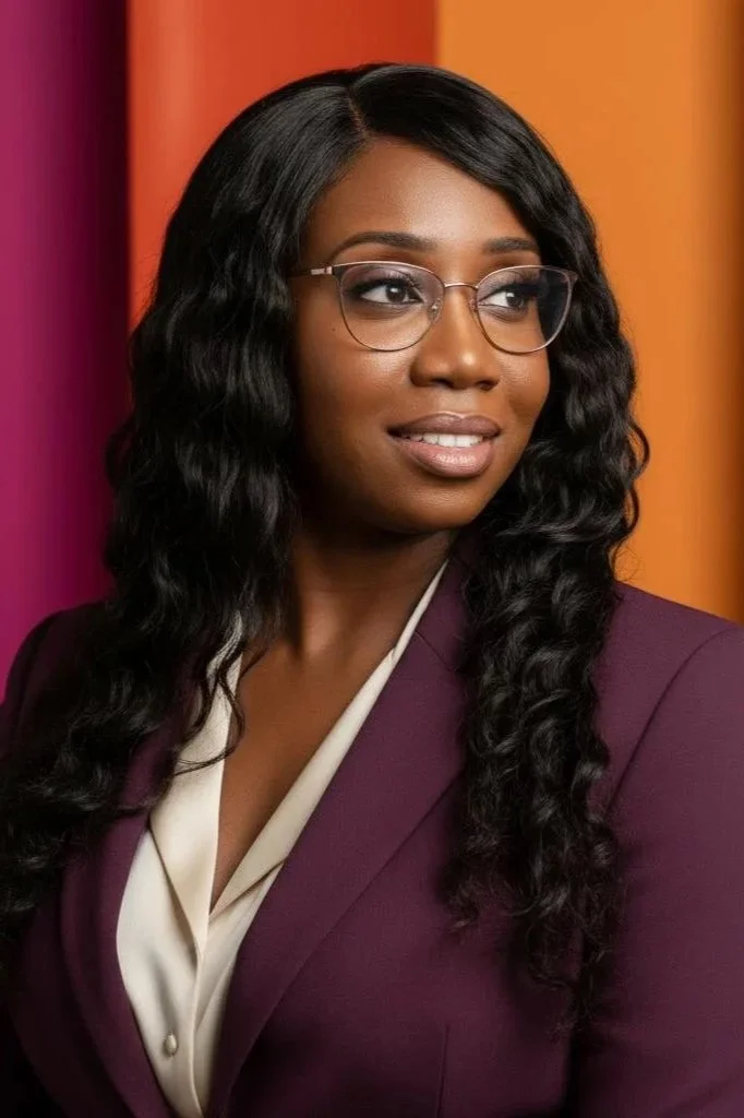 Portrait of a woman with long curly black hair wearing glasses, a beige blouse, and a maroon blazer, standing against a background of orange and purple vertical panels.