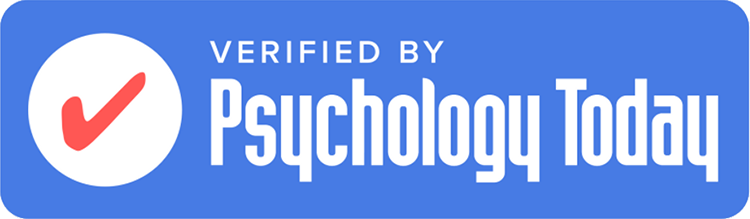 Graphic that says "Verified by Psychology Today" on a blue background with a red check mark inside a white circle.