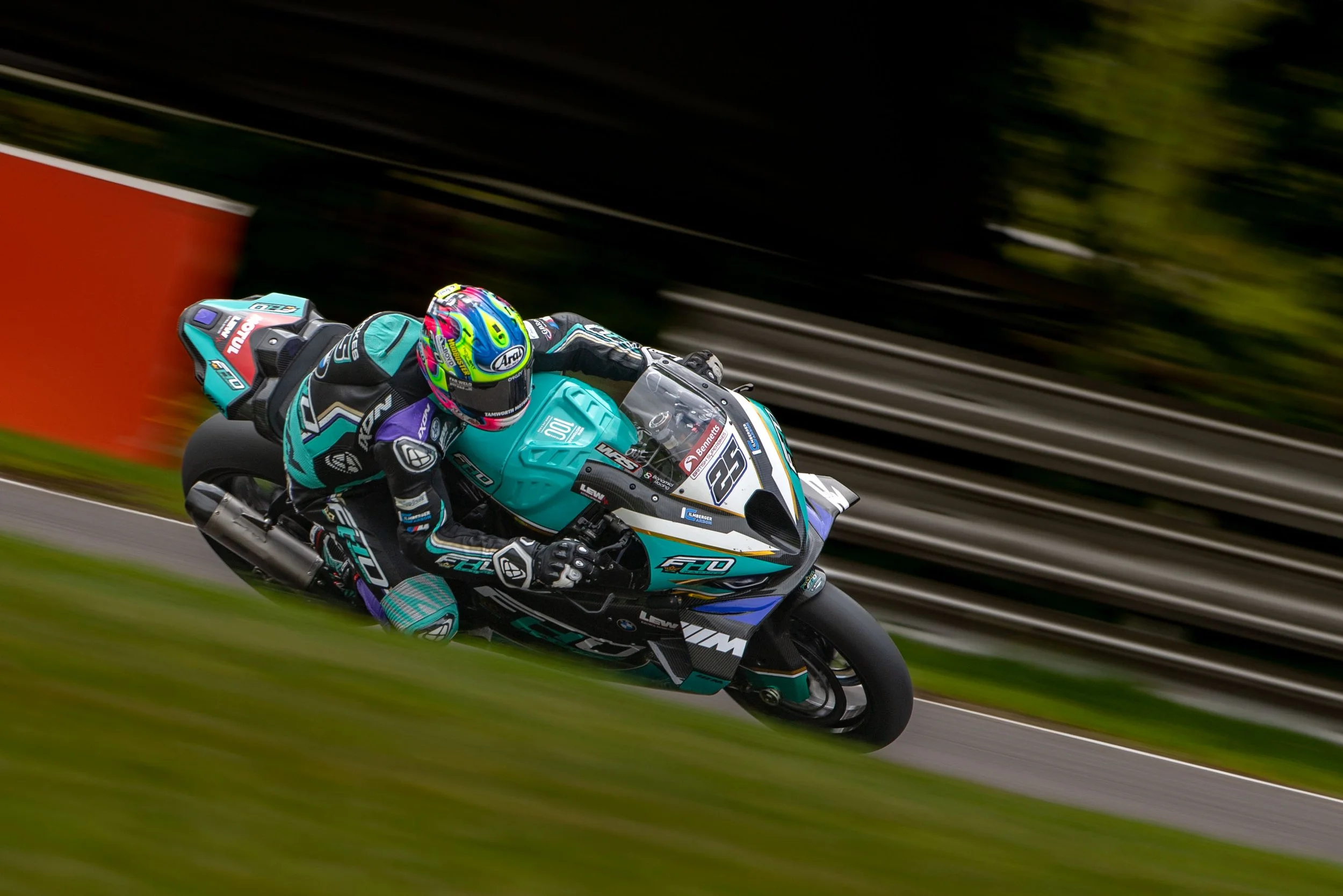 Motorcycle racer in teal and black gear leaning into a turn on a racetrack, with blurred background and grass in foreground.