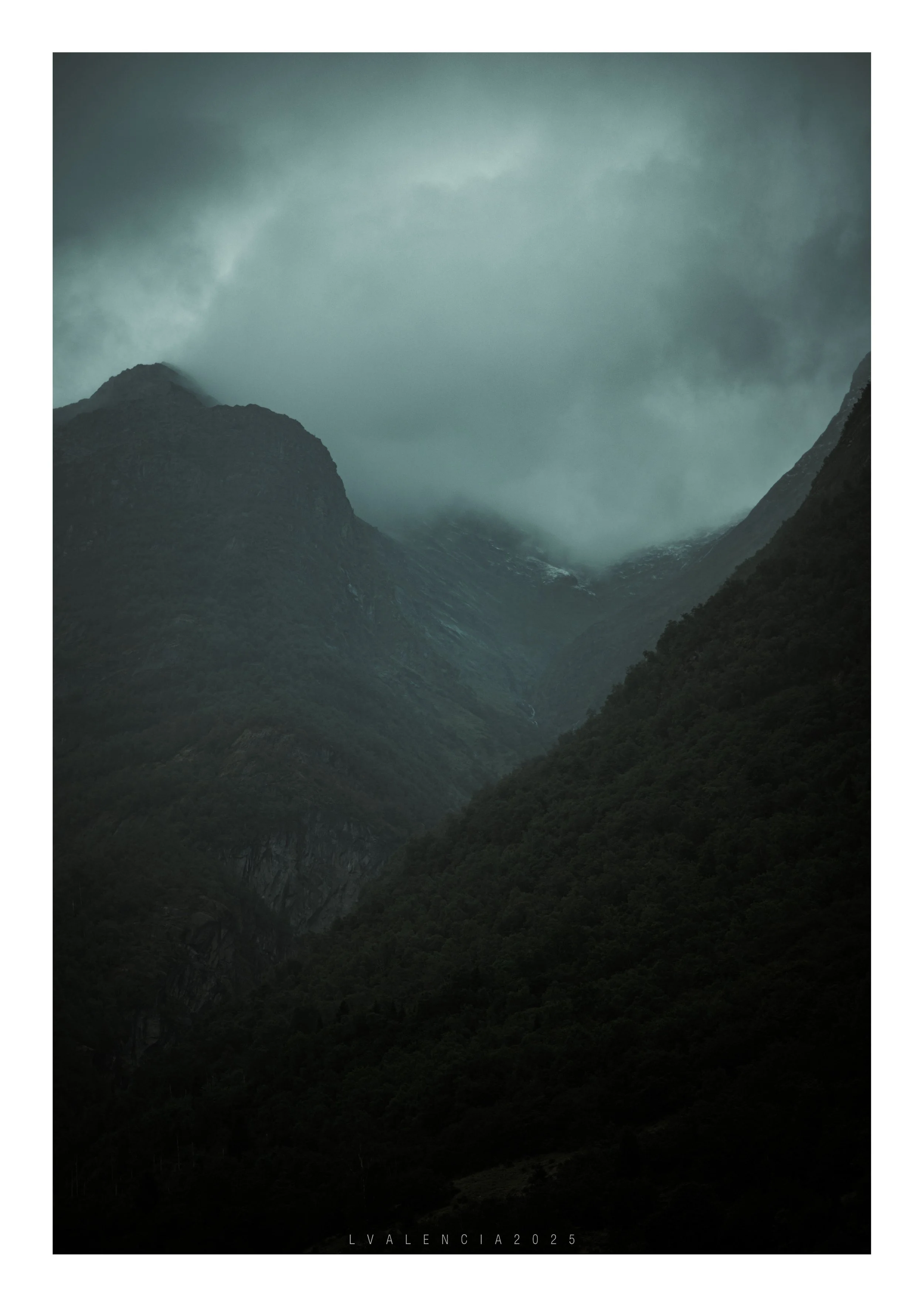 A dark, moody landscape of tall, mist-covered mountains with dense forest in the foreground, under a cloudy sky.