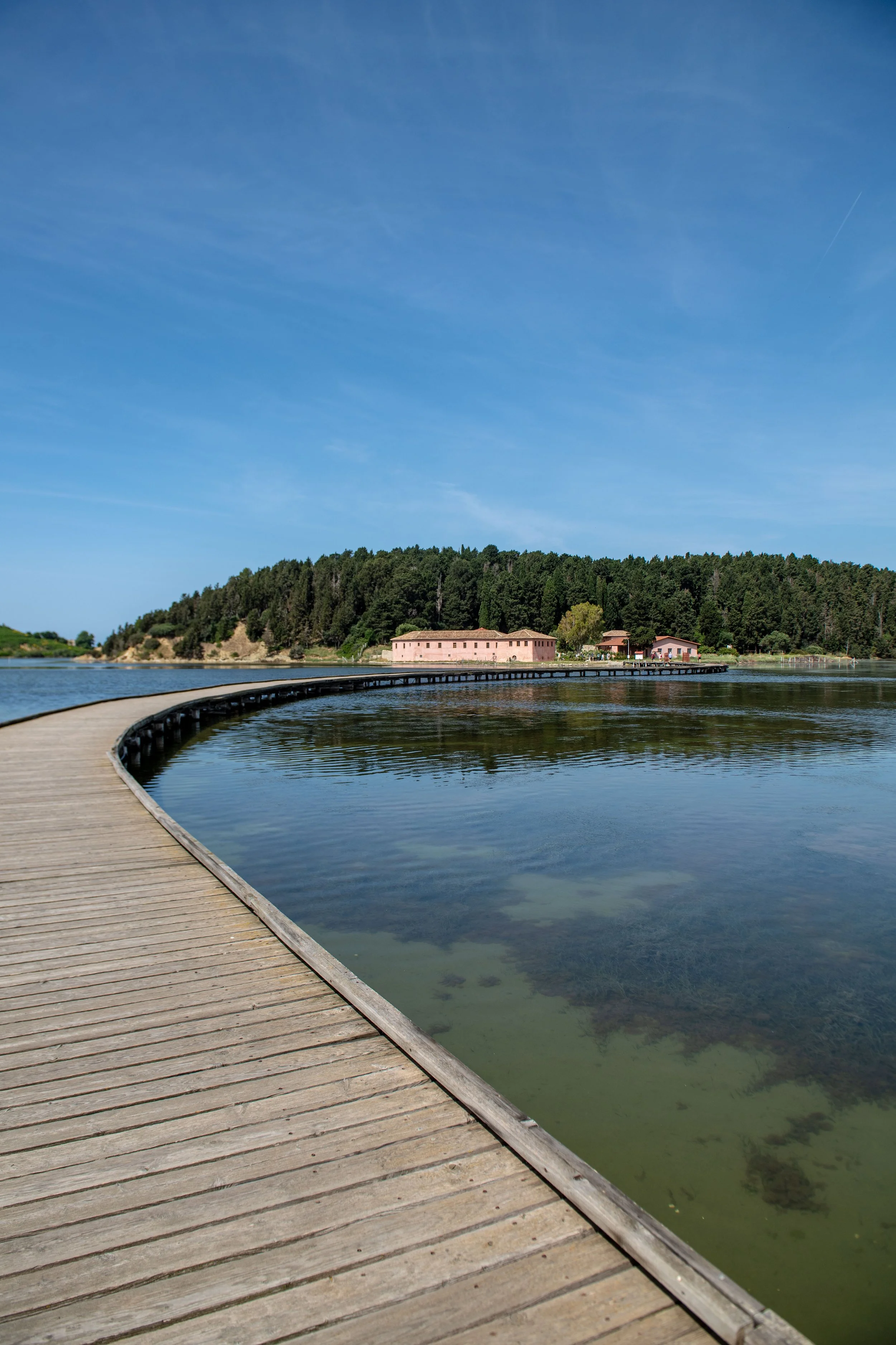 A curved wooden boardwalk over a calm body of water leading to a small building with a forested hill in the background under a blue sky.