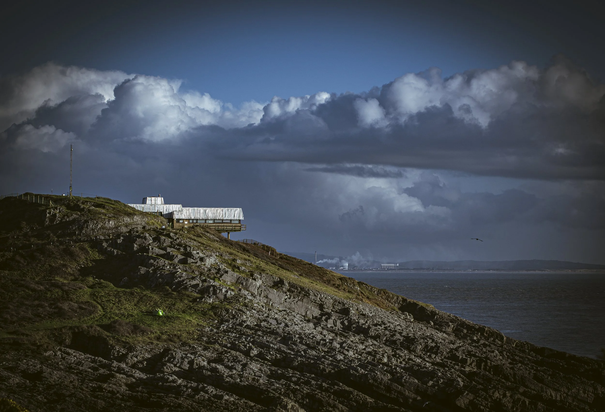 Coastline with rocky hill and a building covered in white tarps, cloudy stormy sky, ocean in the background, a bird flying.