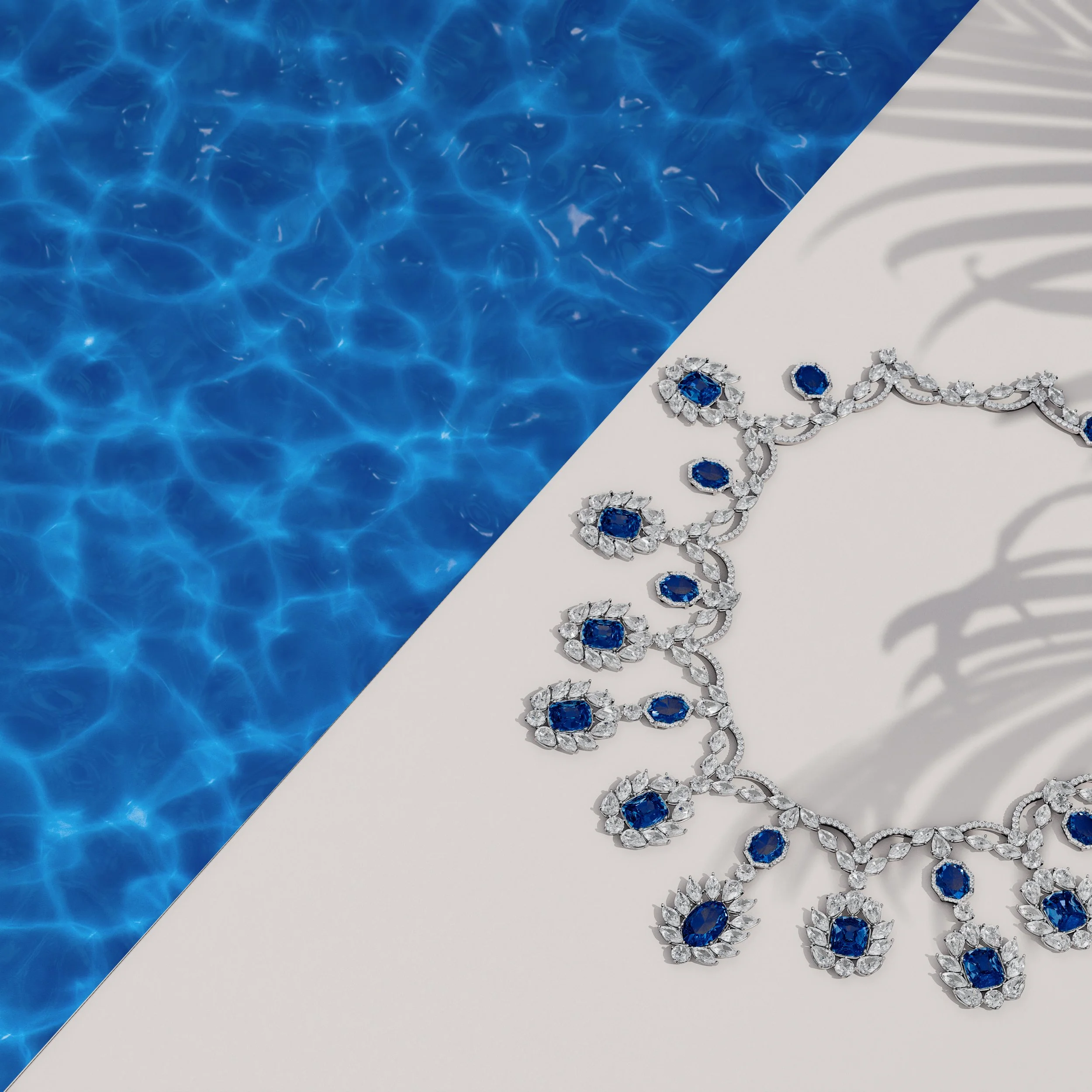 A diamond necklace with blue gemstones on a white surface next to a swimming pool with clear blue water.