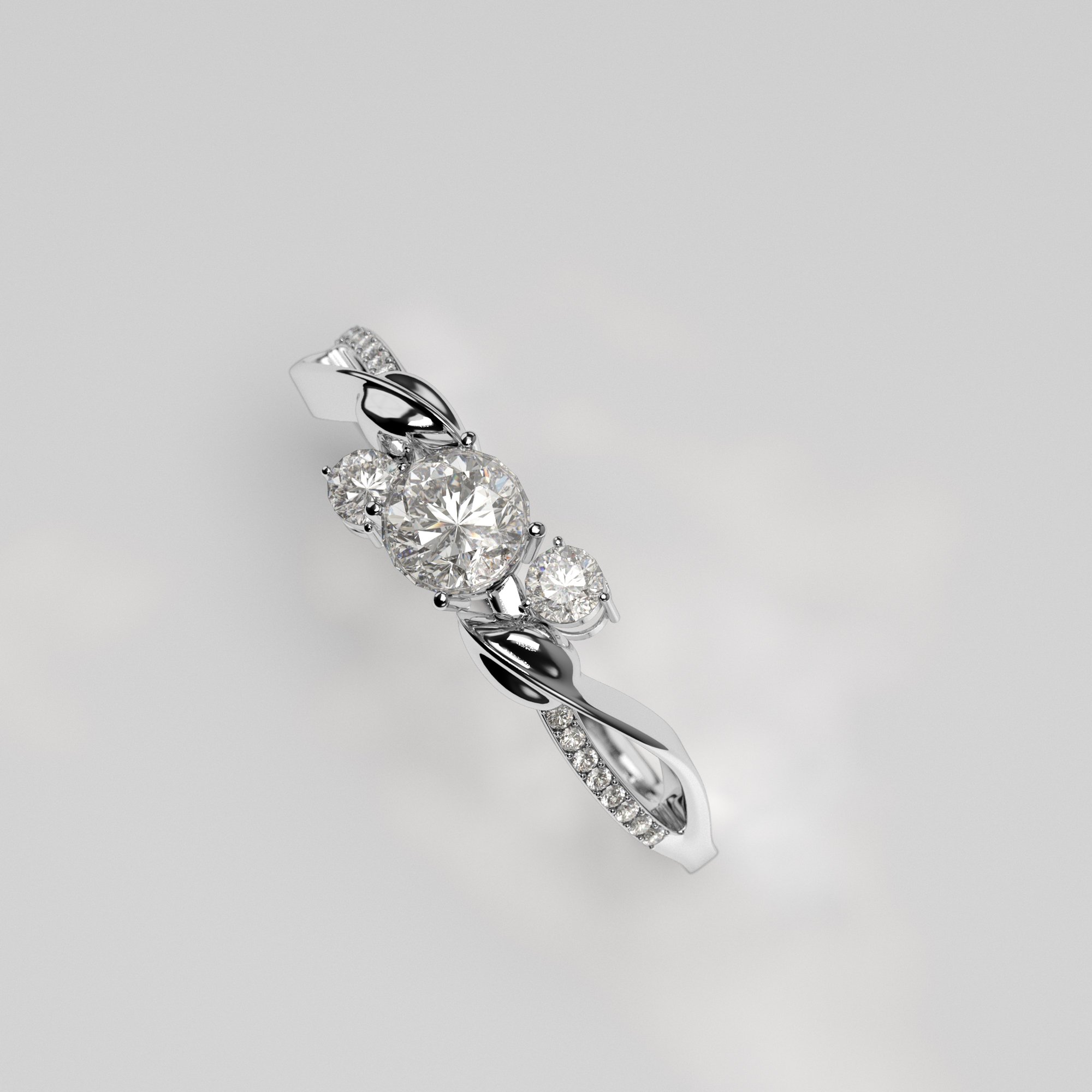 Silver ring with three large and two small diamonds, featuring a sleek band with smaller diamonds embedded in it, against a plain background.