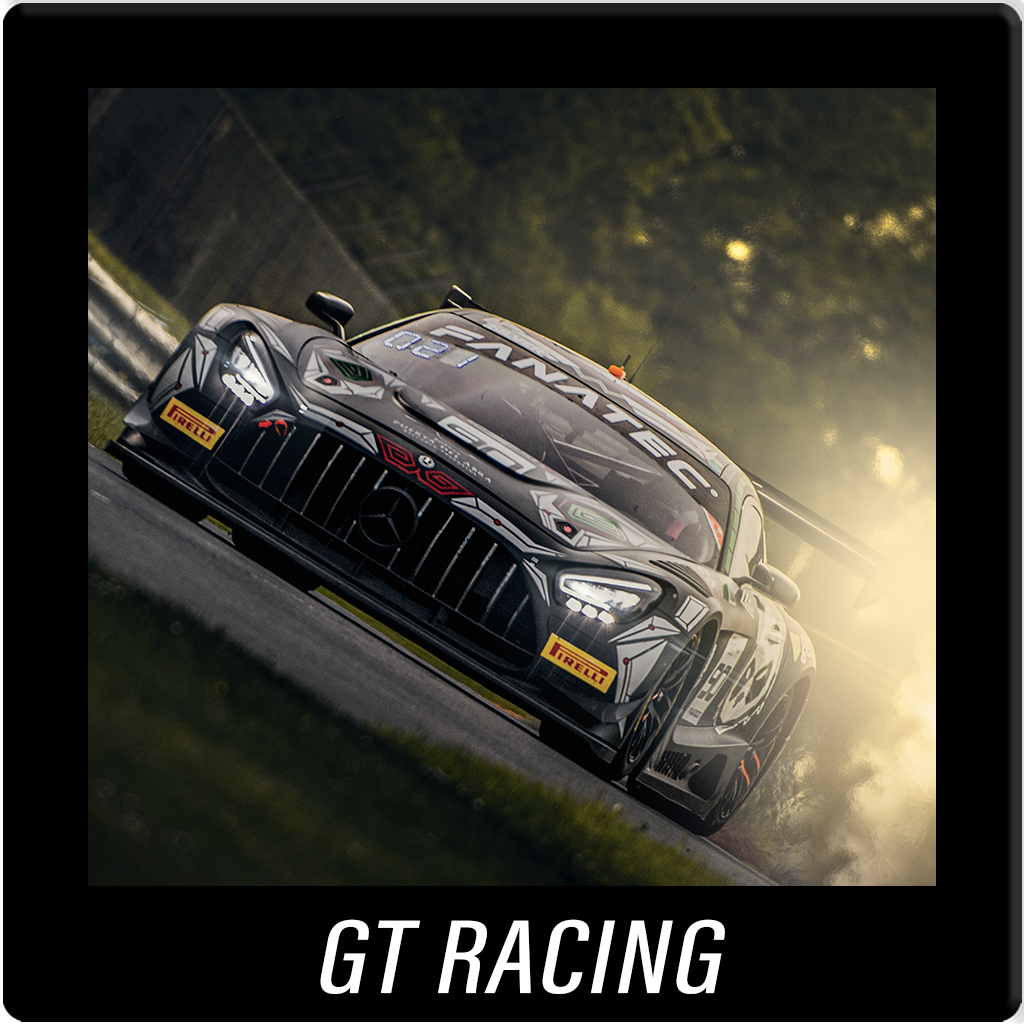 GT3 Racing. Mercedes-AMG GT3 bathed in golden hour sunset light on the track.