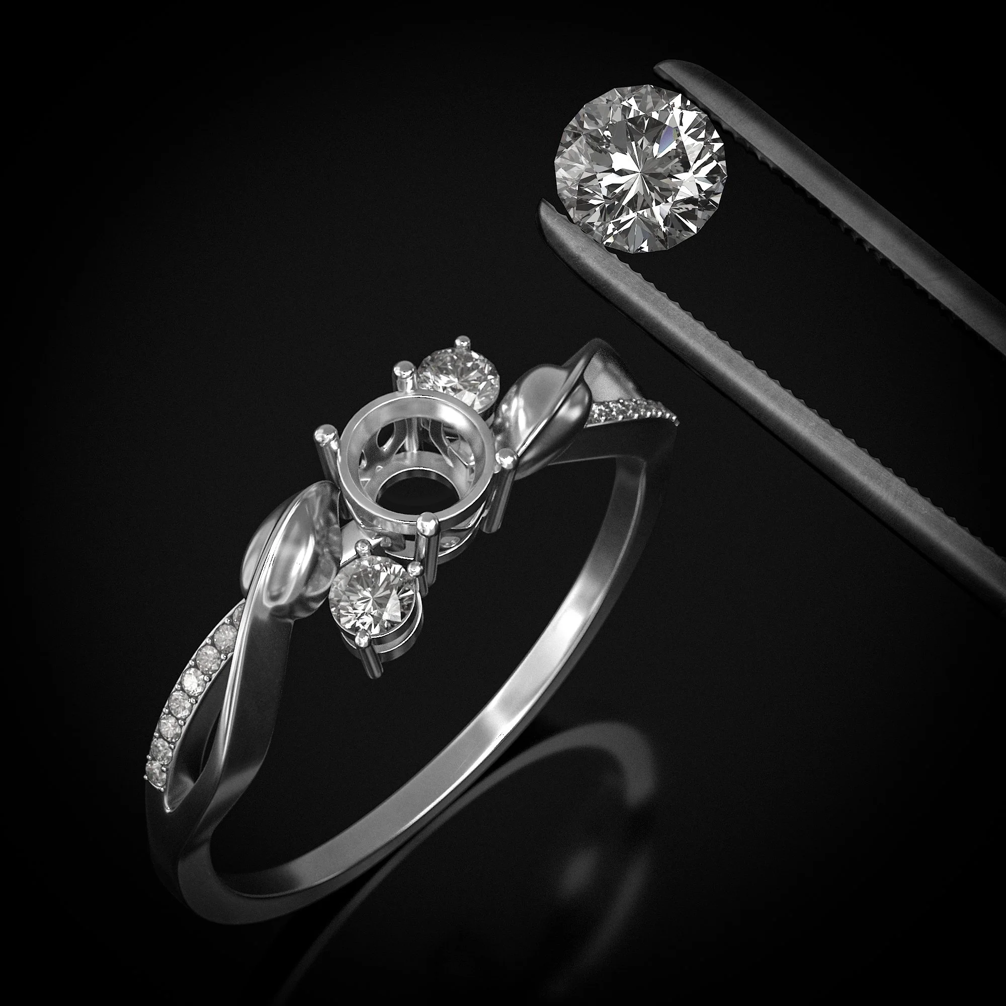 A diamond ring and a loose diamond in tweezers on a black background.