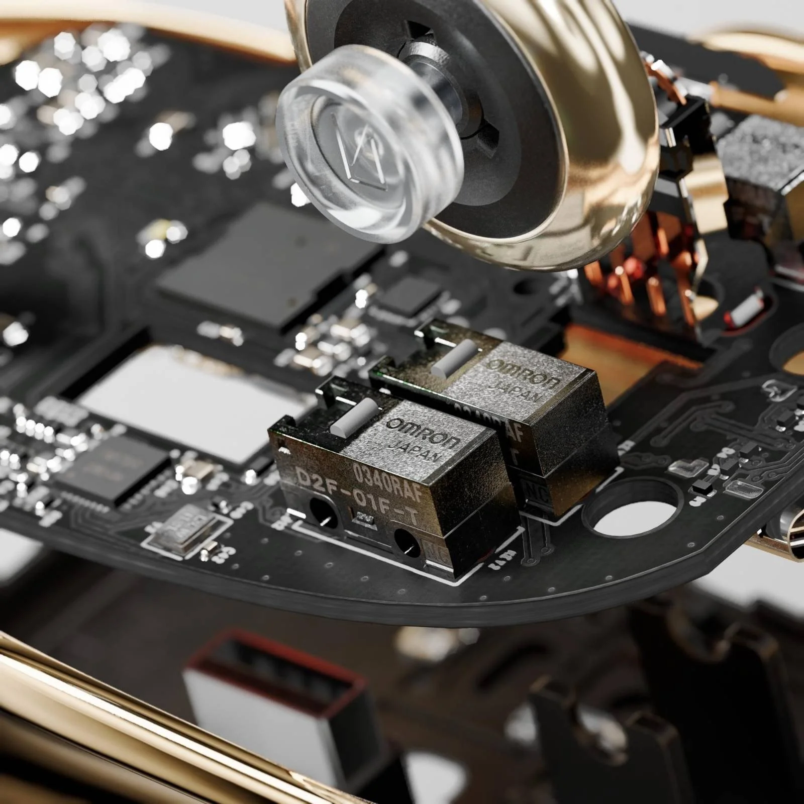 Close-up of a printed circuit board inside electronic device, showing various components including relays, capacitors, and a large metallic part.