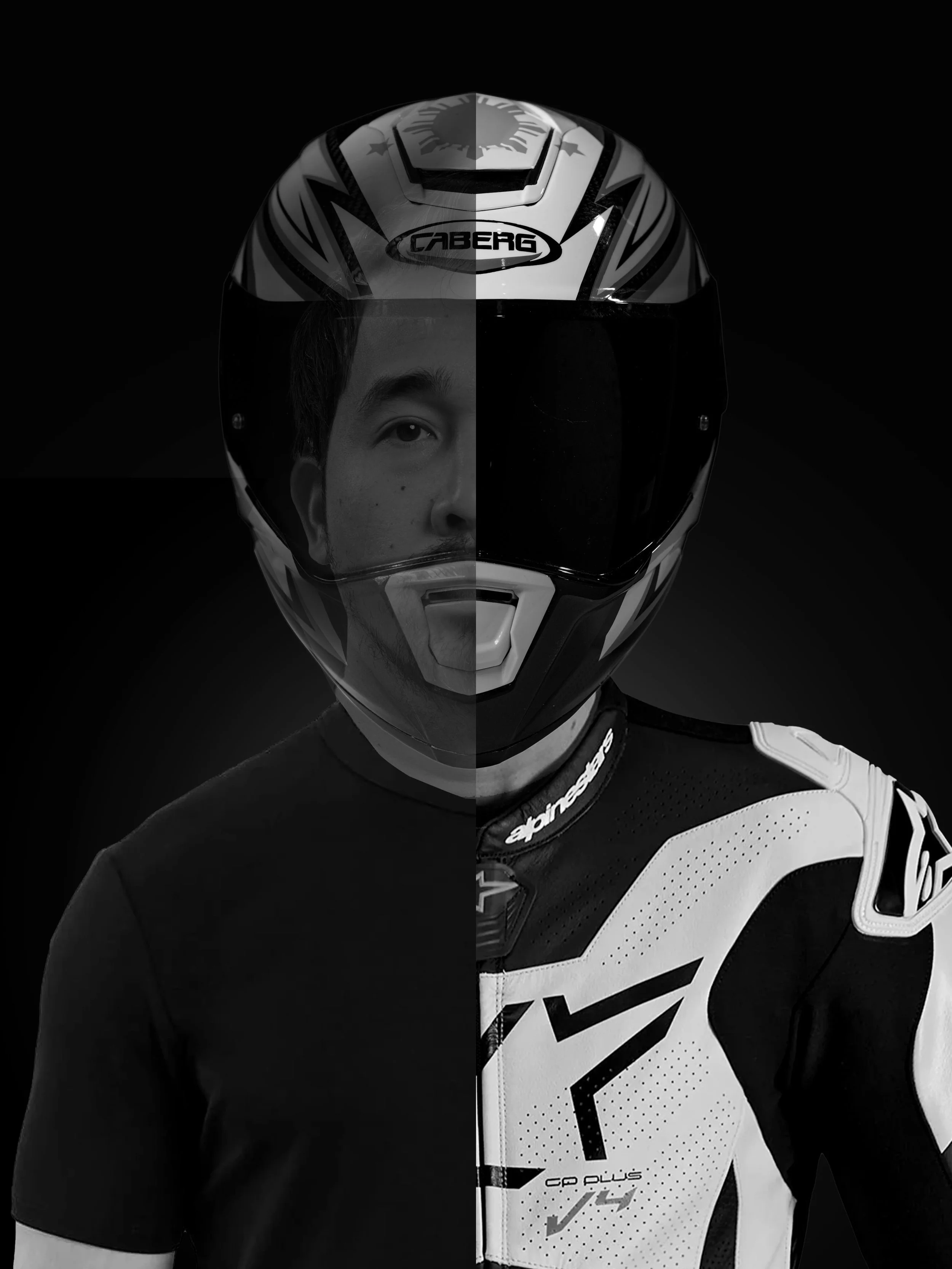 Portrait of Lawrence Valencia. Split-face composition showing the duality of 3D Artist and Motorcycle Racer.