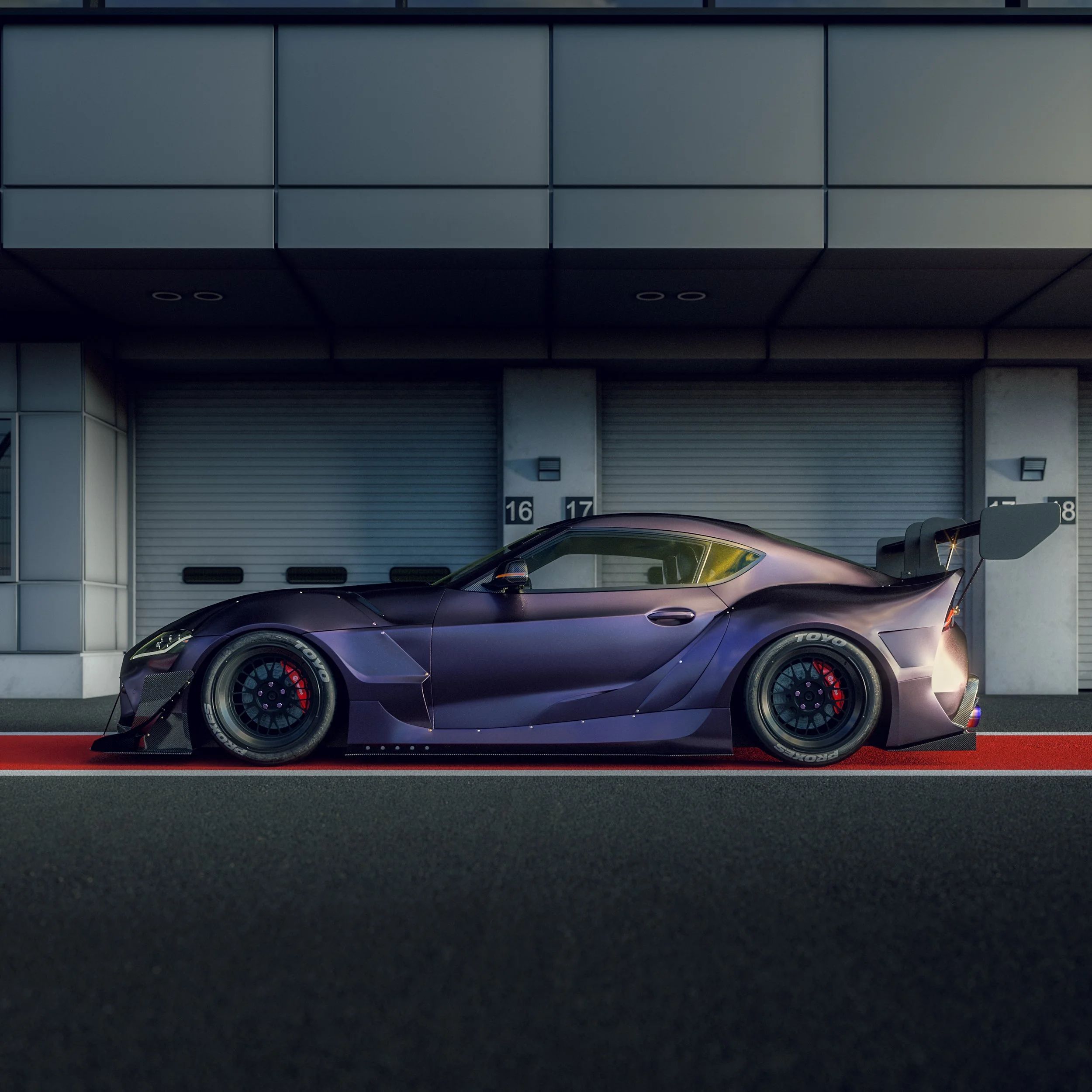 A sleek purple race car parked in a modern pit lane with closed garage doors in the background.