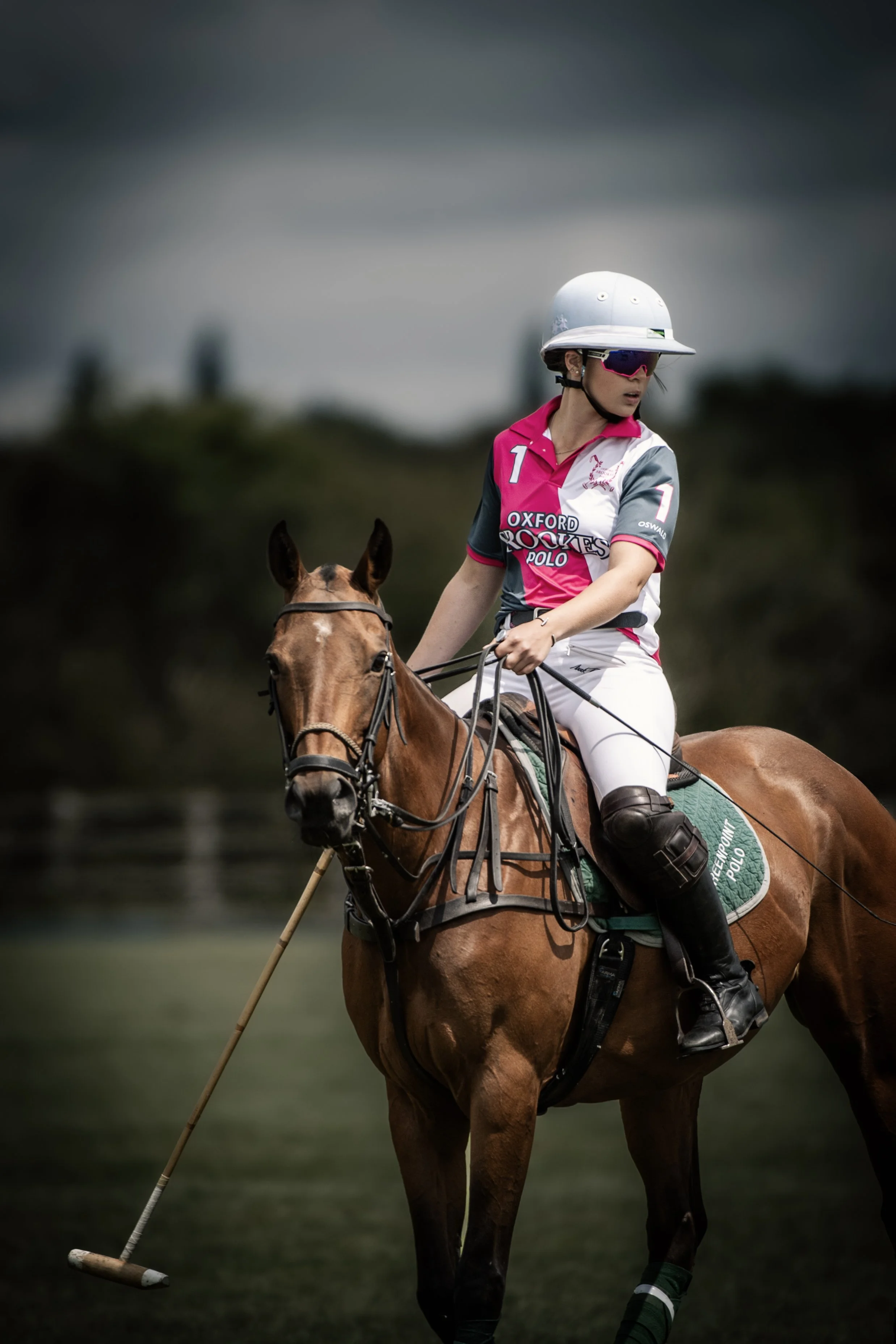 A polo player riding a brown horse on a grassy field, wearing a pink and gray uniform, white helmet, and sunglasses, holding a polo mallet.