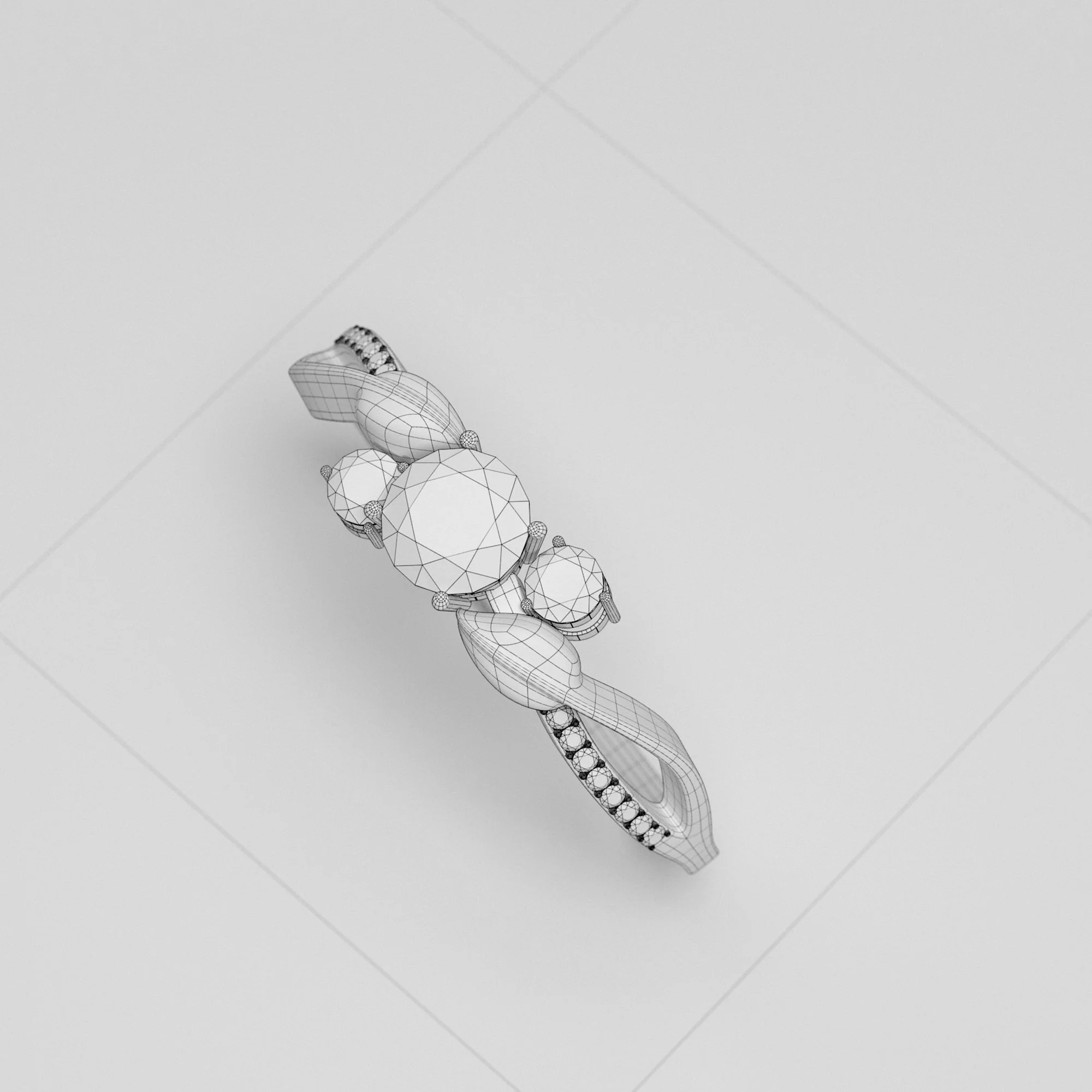 Wireframe rendering of a jewelry ring with multiple gemstone settings on a plain surface.