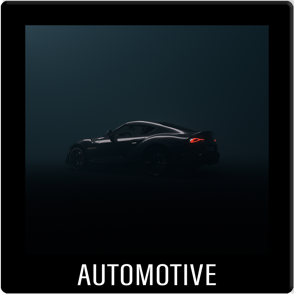 AUTOMOTIVE. 3D Automotive CGI. Dark, cinematic rendering of a sports car showcasing lighting and material physics.