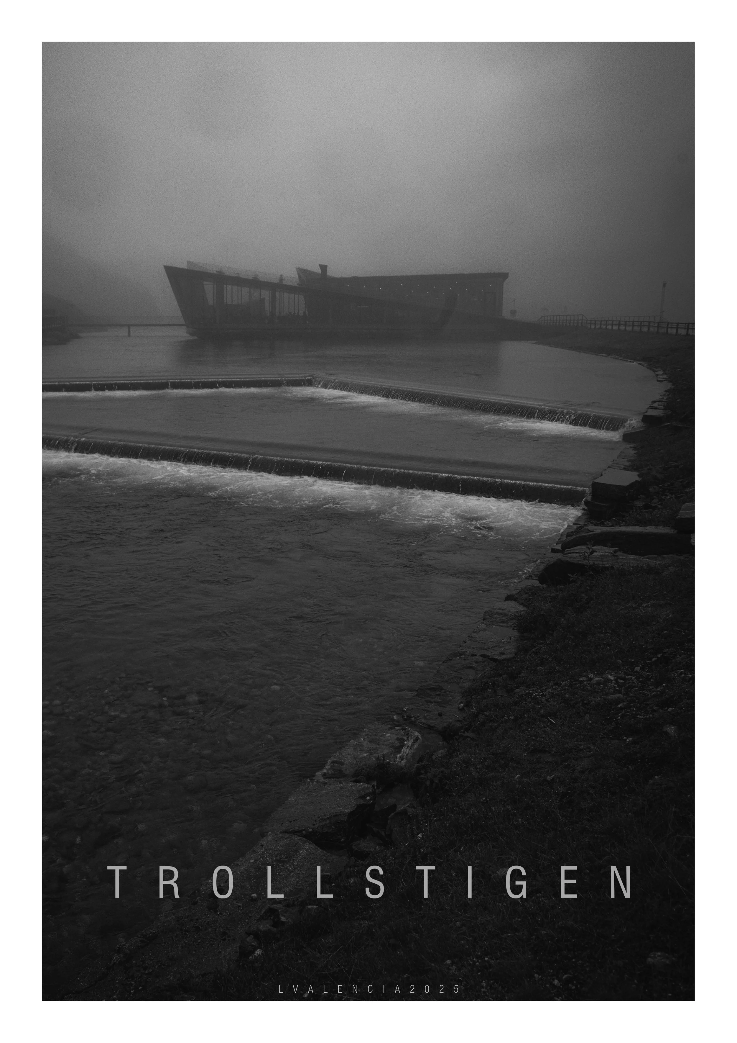 A black-and-white photo of a foggy waterfront scene with a modern, angular building in the background and a small waterfall or weir in the foreground, with the word 'TROLLSTIGEN' and city name 'VALENCIA' at the bottom.
