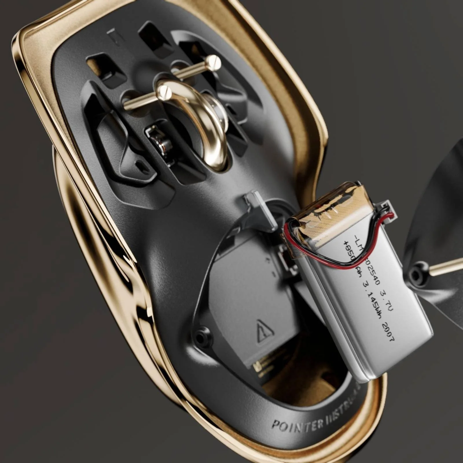 Close-up of the inside of a luxury wireless headset, showcasing the internal battery and electronic components with a gold and black design.