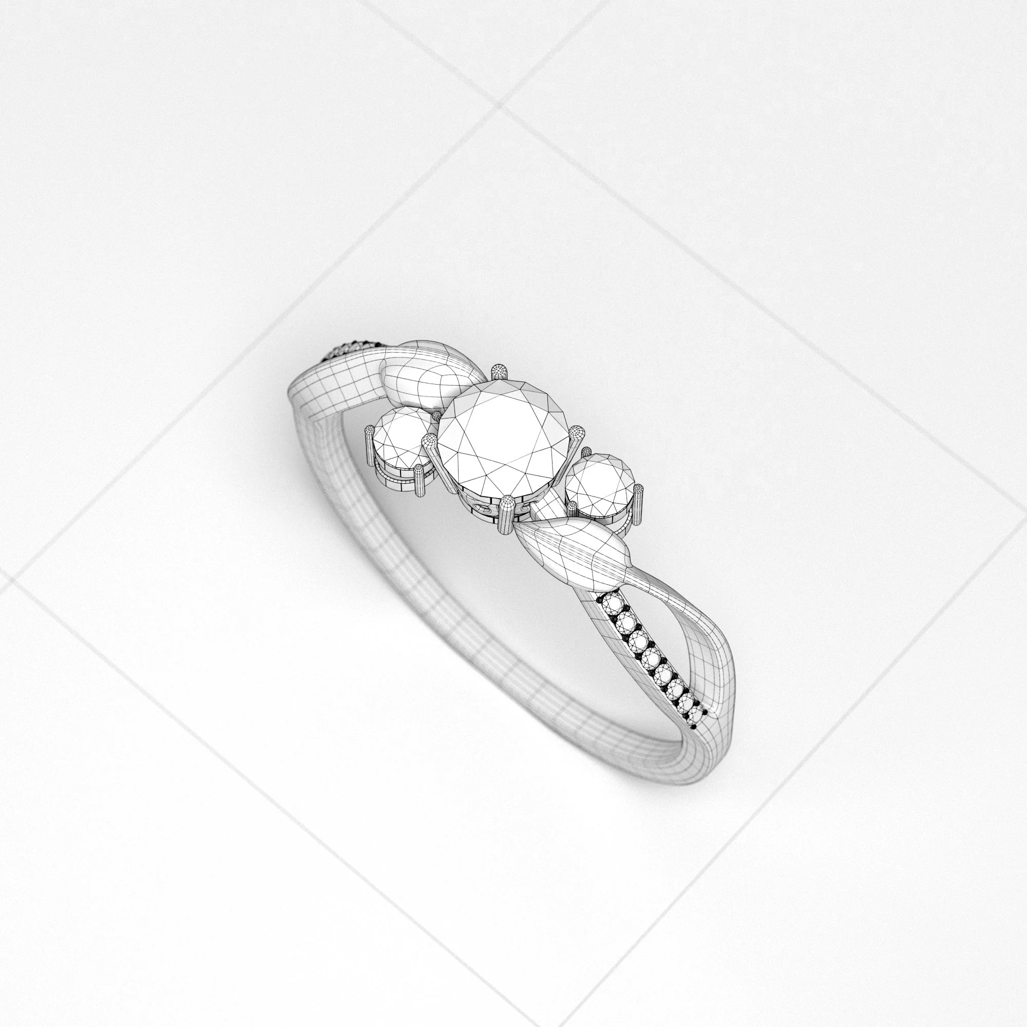 3D model of a ring with multiple diamonds, including a large central diamond and smaller diamonds on the band, displayed on a white background.