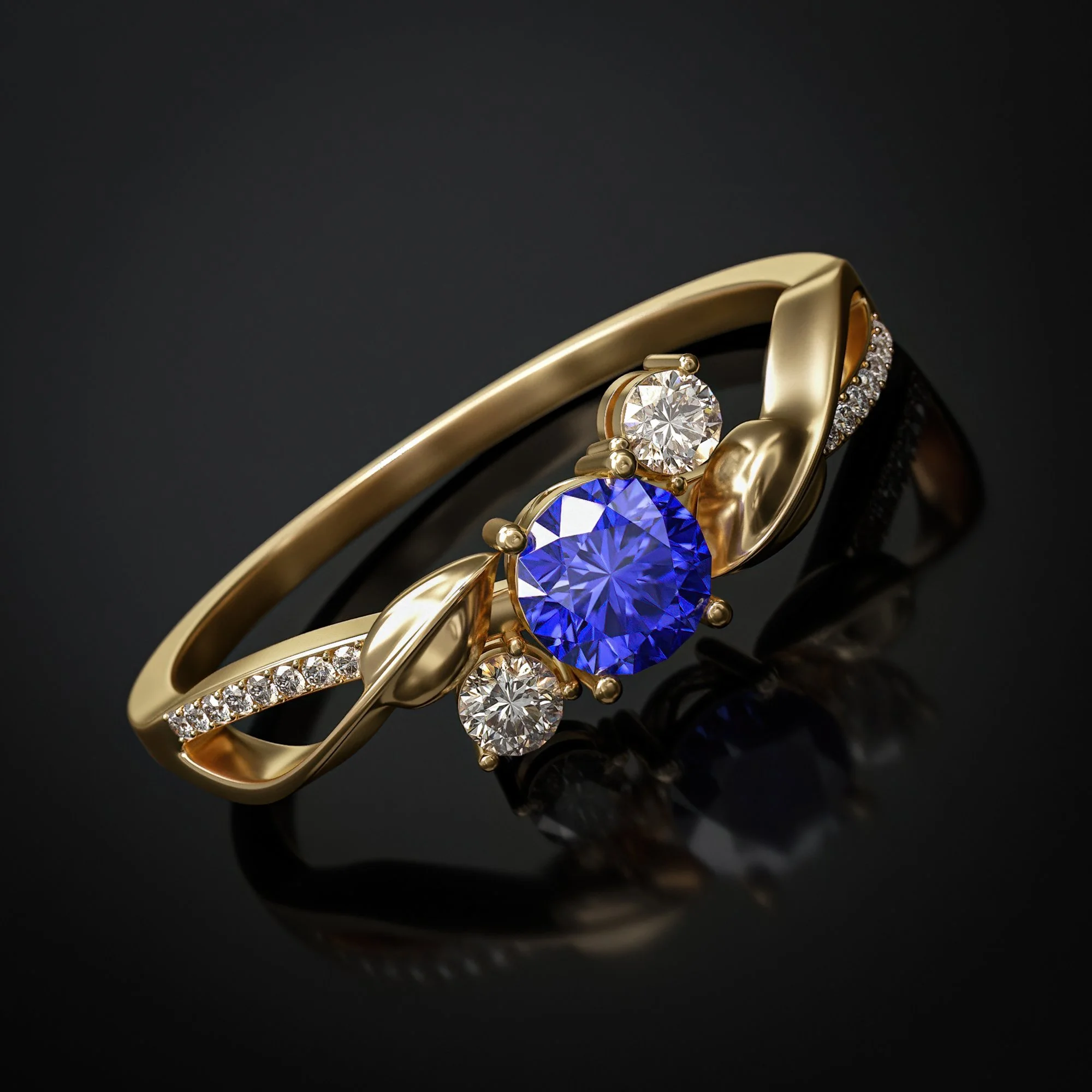 Gold ring with a large central blue gemstone, accented by smaller white gemstones and blue and white stones in a floral design.