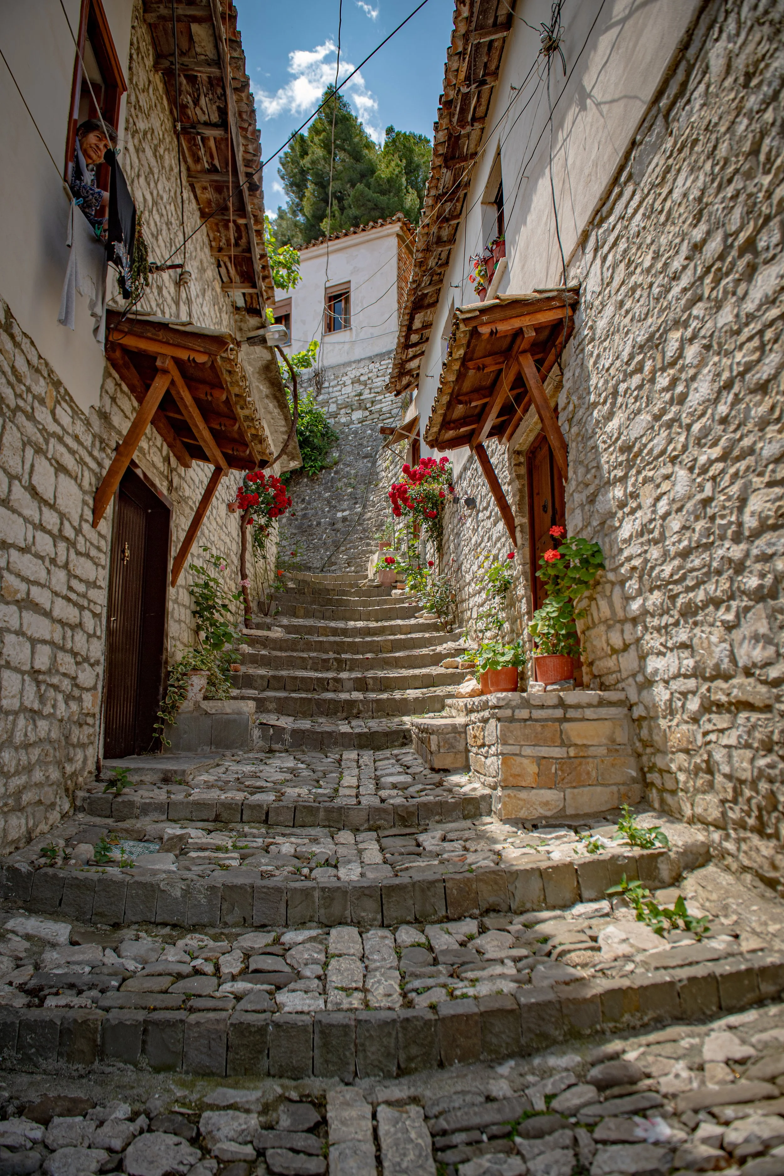 Stone alleyway with cobblestone steps in a historic village, flanked by stone and stucco houses with wooden awnings and flower pots, under a partly cloudy sky.