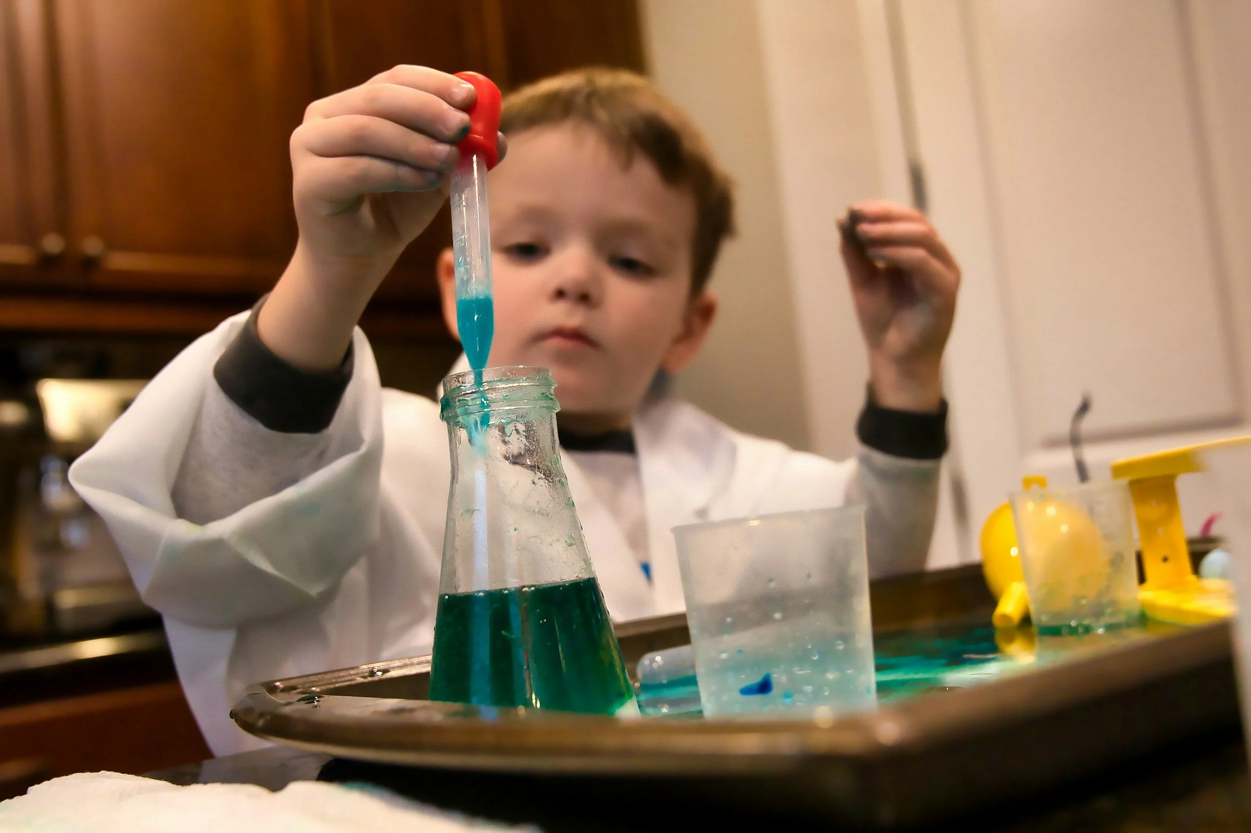A young boy is holding a pipette doing a science experiment at home.
