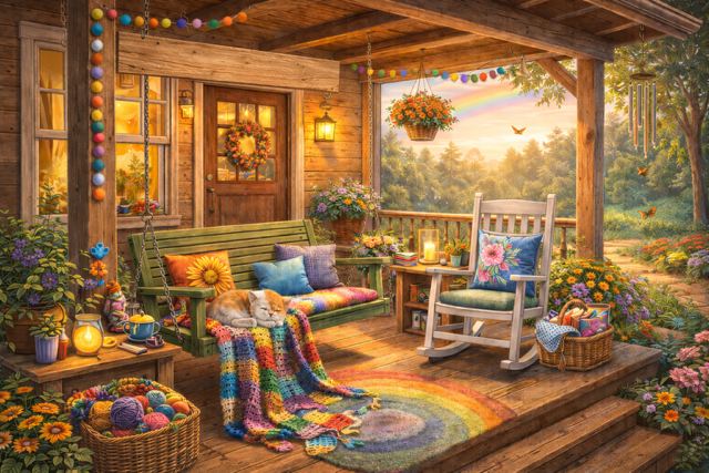Cozy porch decorated for spring with colorful hanging garland, wooden furniture, potted flowers, a rainbow rug, and a lantern. A cat sleeps on a rainbow blanket on a bench, with a basket of yarn nearby. Sunset view with trees and a bird flying in the background.
