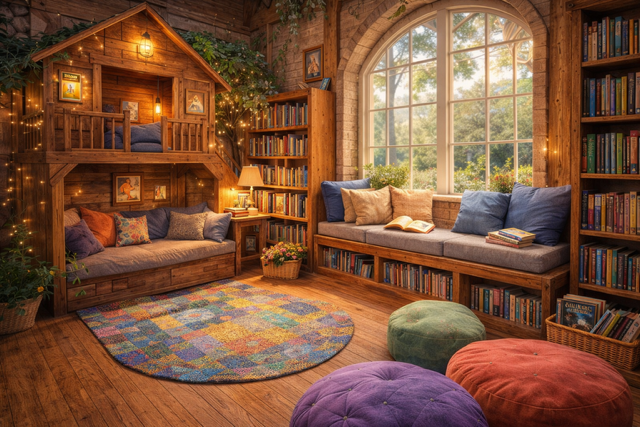 Cozy reading nook with large window, built-in bookshelf, and cushioned seating, decorated with string lights and colorful poufs.