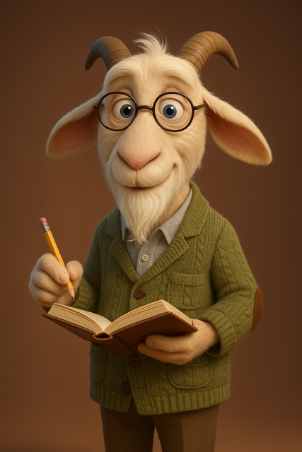 Cartoon goat character wearing glasses and a green cardigan, holding a pencil and an open book, with a brown background.