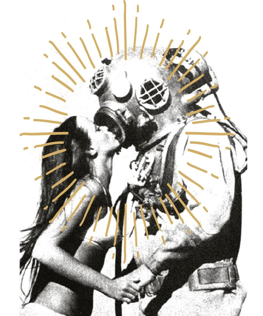 A woman in lingerie kissing a man in a gas mask, with rays radiating outward in a graphic style.