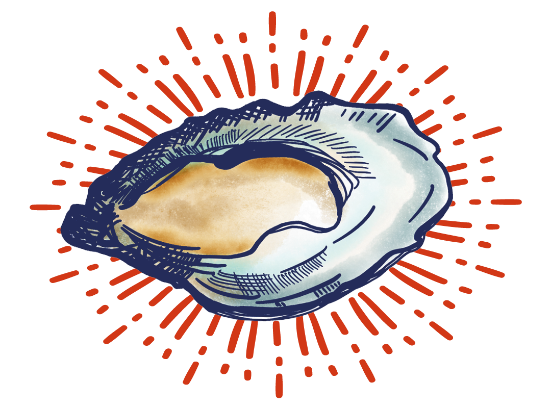 Illustration of an open oyster shell with a pearl inside, set against a red background with a chart overlay.