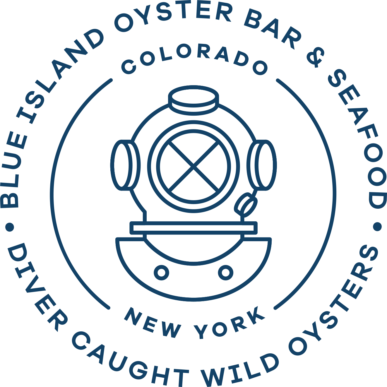 Logo for Blue Isle Oyster Bar & Seafood, featuring an illustration of a vintage diving helmet, with surrounding text naming the establishment and locations in Colorado, New York, and California.