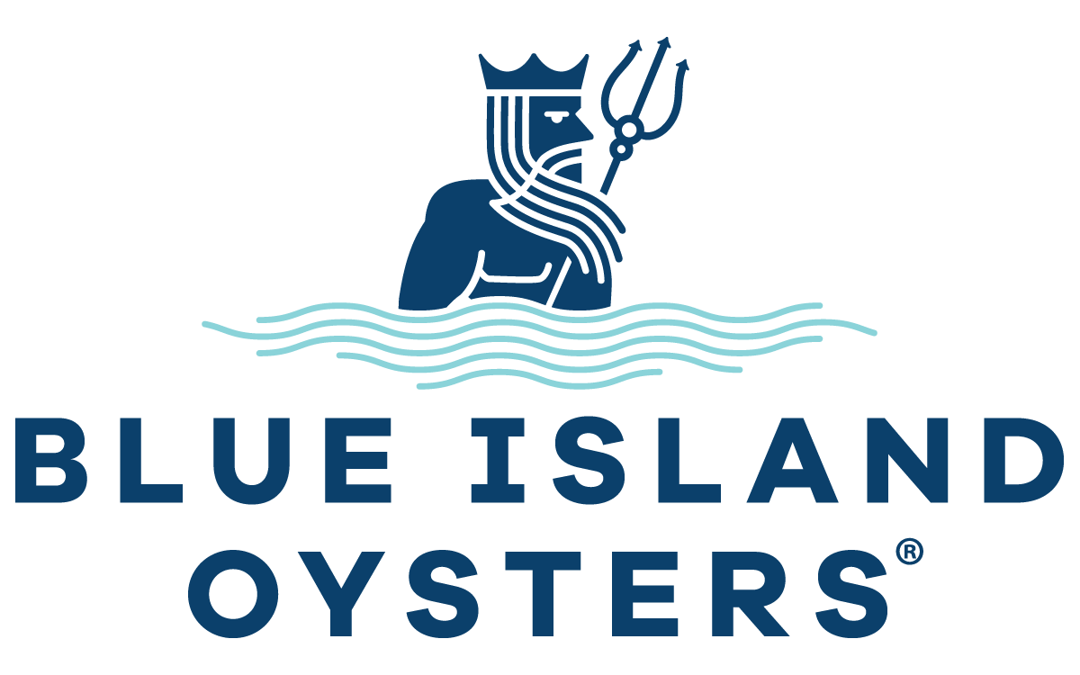 Blue Island Oysters logo featuring a stylized king with a crown, beard, and bare chest holding a trident, emerging from wavy water lines, with the text "Blue Island Oysters" beneath.