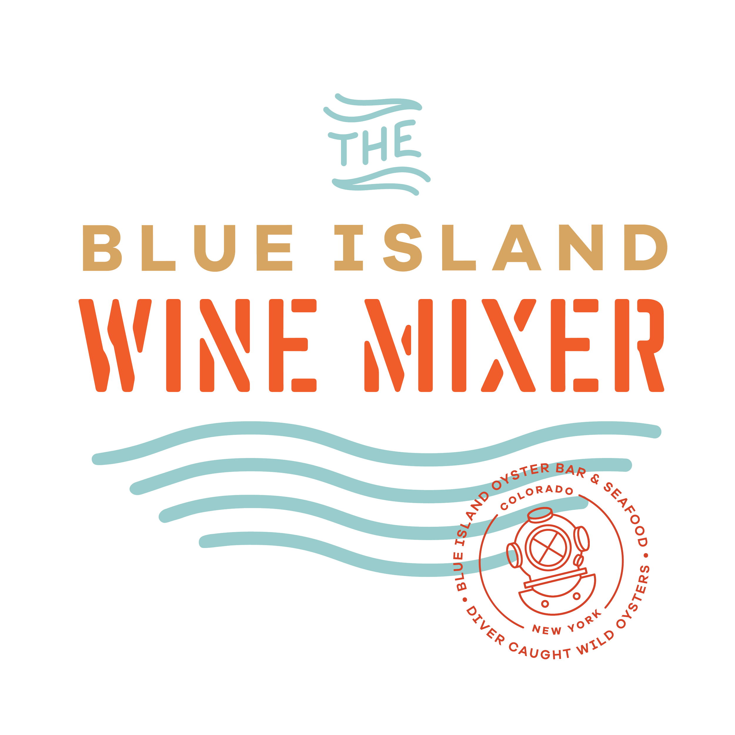 Design for Blue Island Oyster Bar & Seafood in Denver, Colorado featuring wavy lines, bold colorful text, and a circular logo with a vintage underwater helmet illustration.