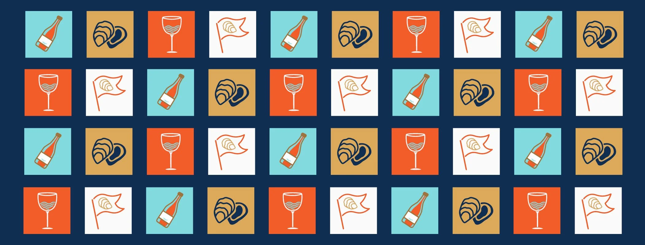 Pattern of alternating icons on colored backgrounds, including a wine glass, a flag with a shell, a bottle of wine, and a pair of seashells.