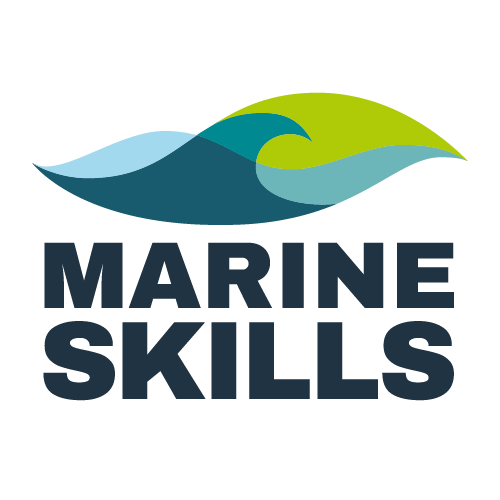 Logo with stylized blue and green waves above the text 'Marine Skills' in bold font.